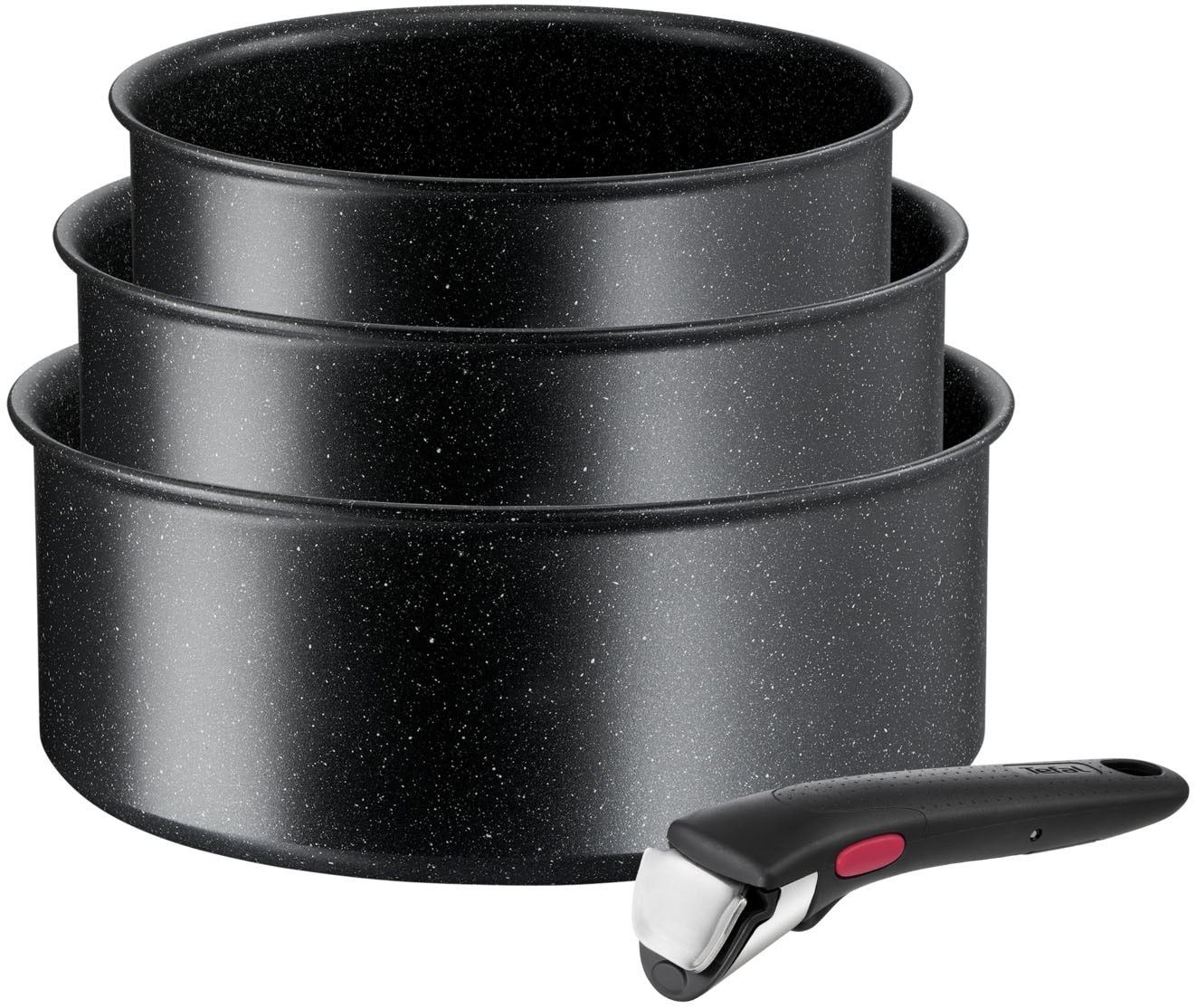 Tefal Topf-Set "Ingenio Black Stone, Kasserollenset abnehmbarer Griff, stapelbar" Set, 3x Stielkasserollen Ø 16/18/20 cm, 1x abnehmbarer Griff, 4 Stk. tlg. Aluminium