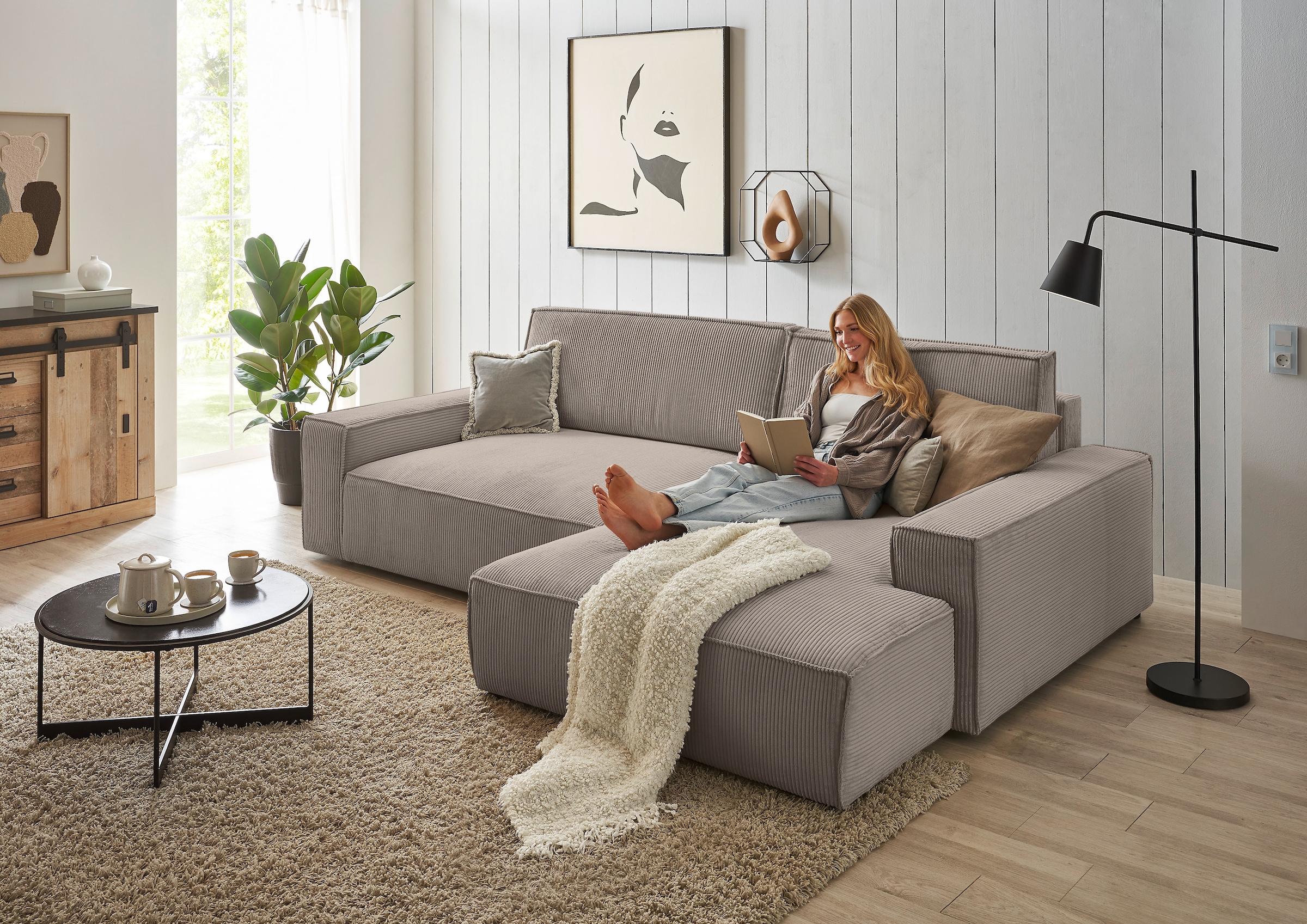 OTTO home Ecksofa »NEU: SHERWOOD XXL 284, Big-Sofa L-Form, tiefe Sitzfläche 95 cm, Cord« Recamiere rechts/links, als Schlafsofa stellbar, Cord u. Leinenoptik