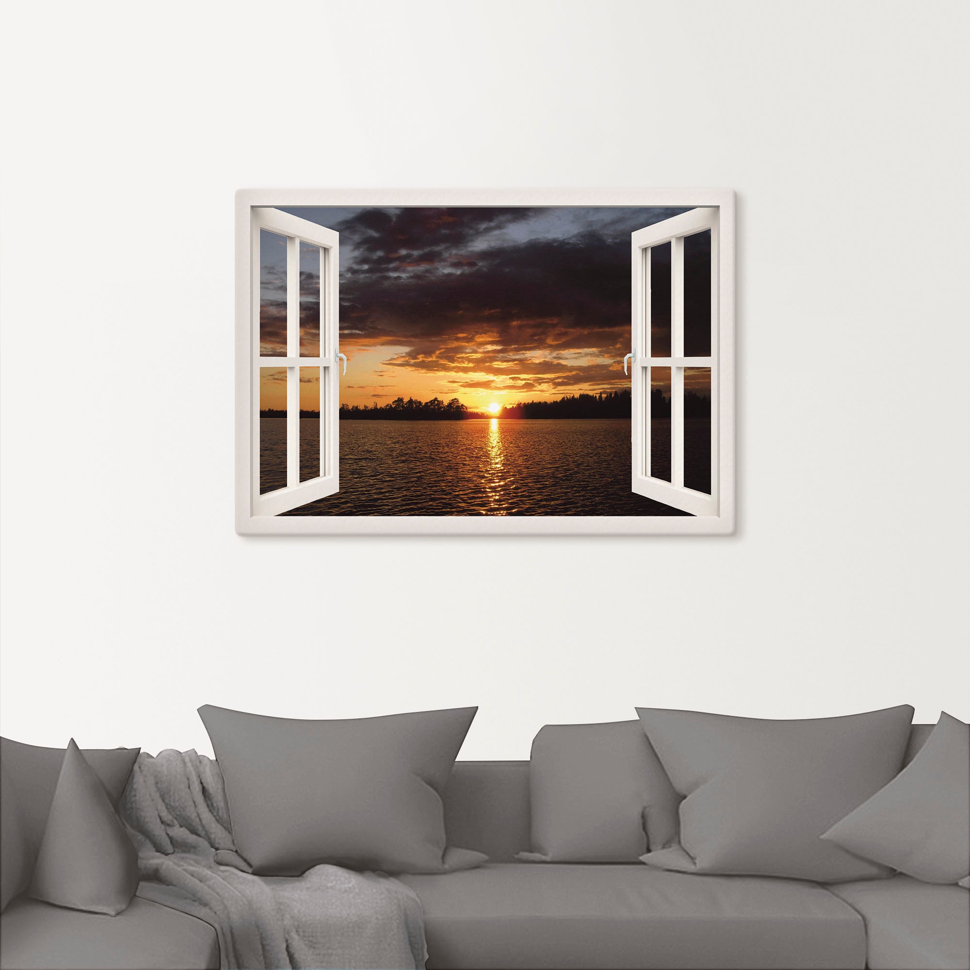 Artland Leinwandbild "Sonnenuntergang am See, weißes Fenster" Seebilder 1 S günstig online kaufen