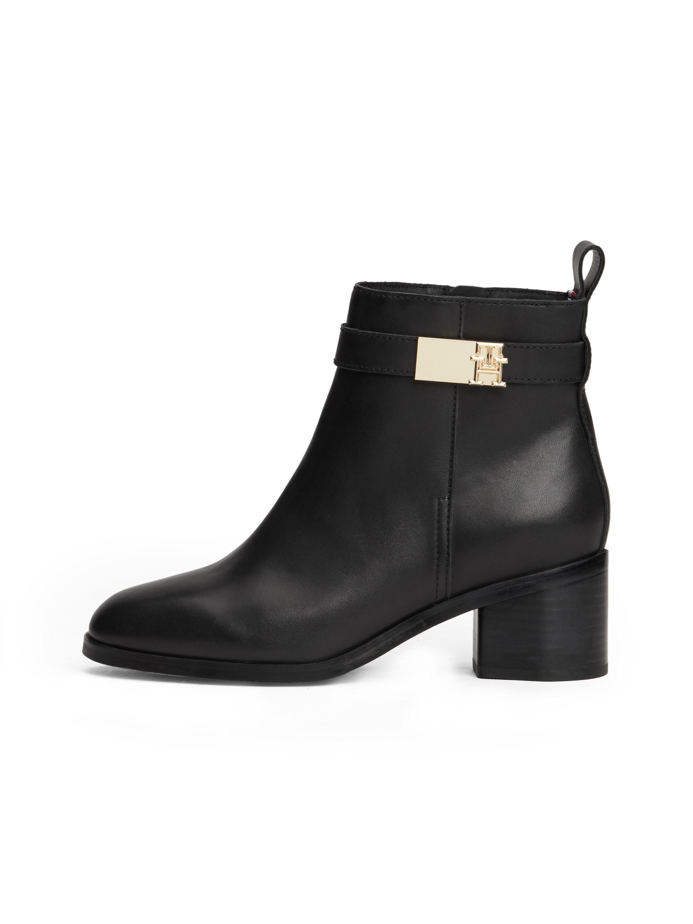 Tommy Hilfiger Stiefelette "TH LOGO MID HEEL BOOTIE", Blockabsatz, Ankleboots, Businesschuh, Zierriemchen, Schmuckelemen