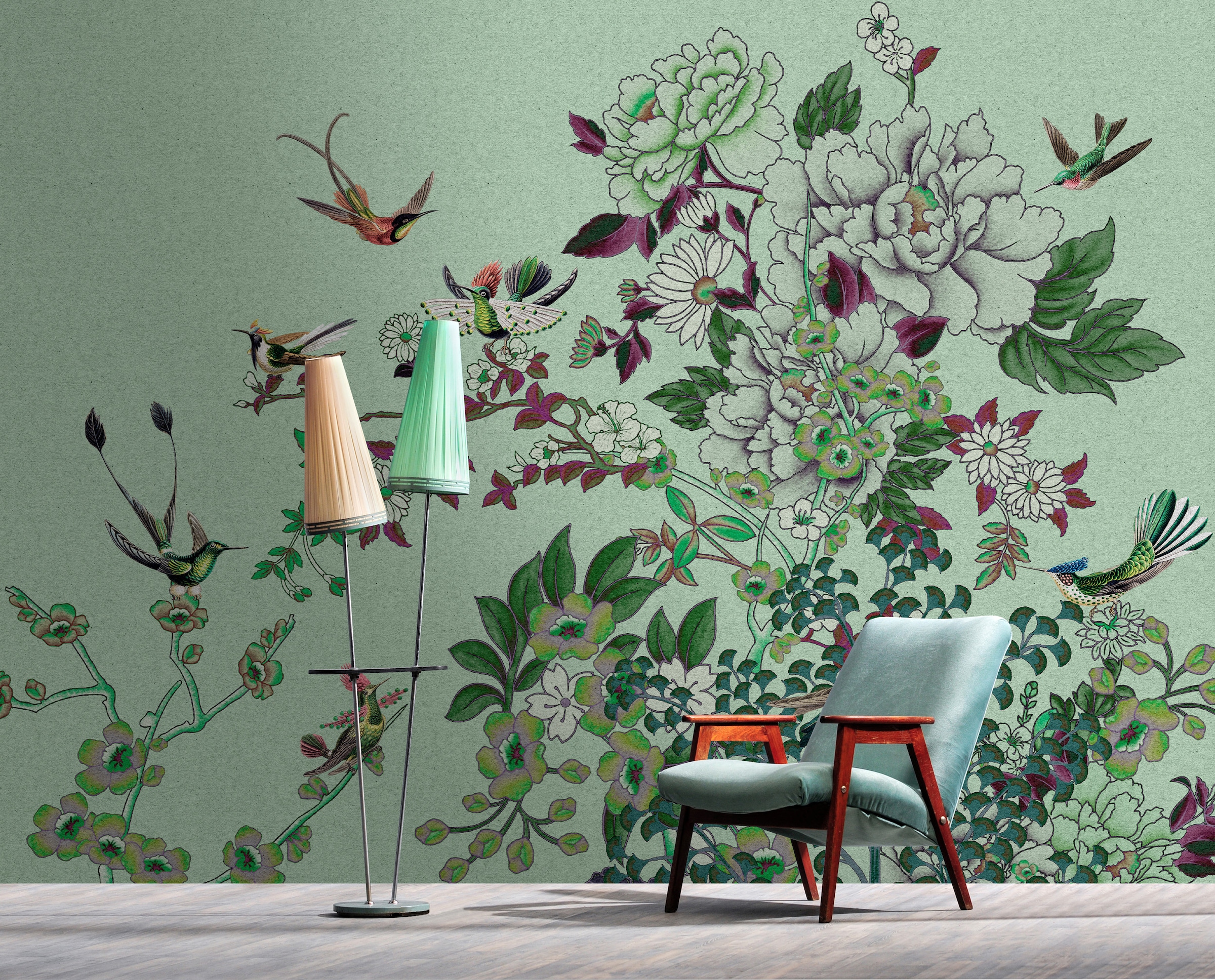 living walls Vliestapete "Kolibri-Tapete florales Muster – Vögel & Blumen" matt glatt