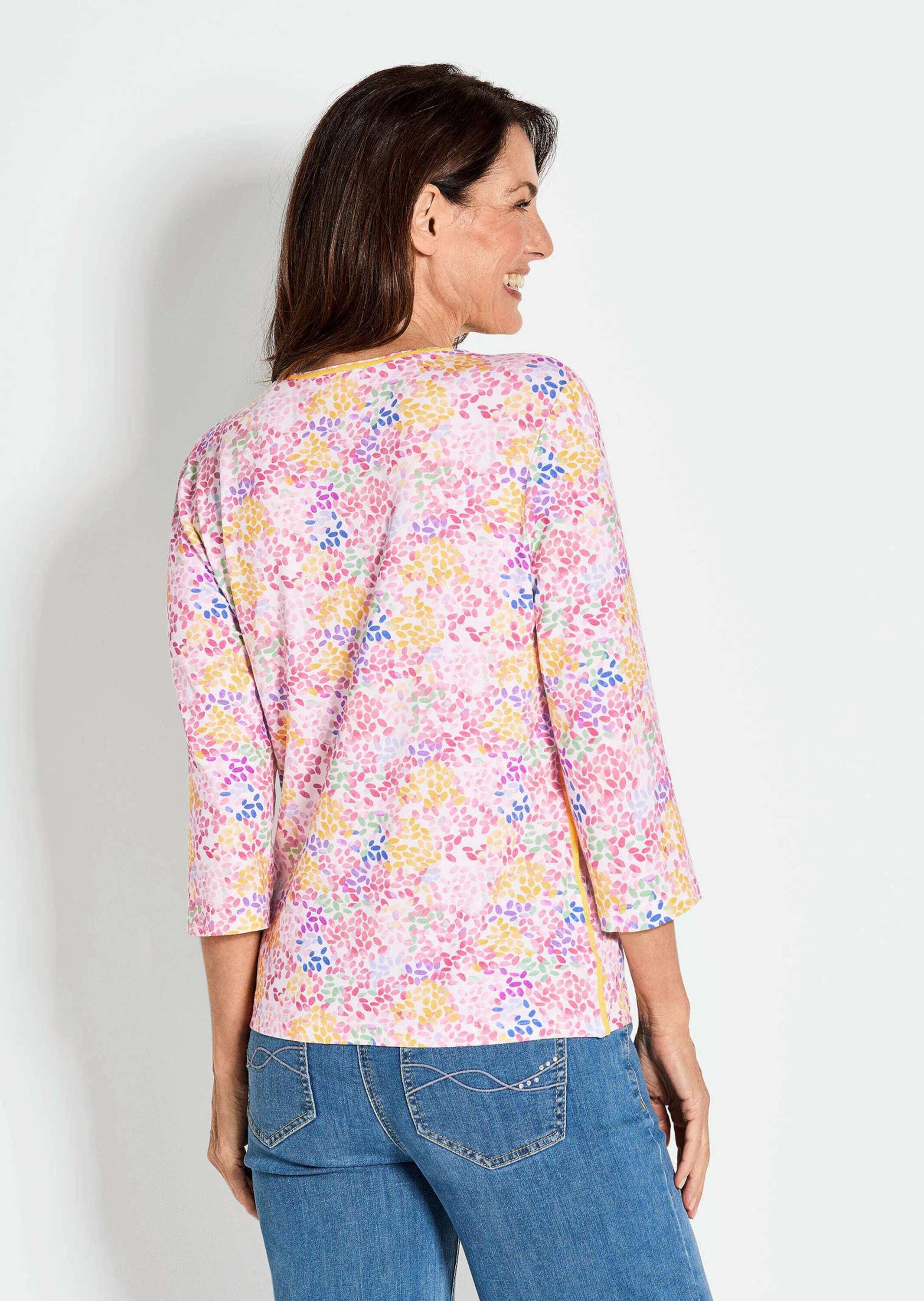 GOLDNER Print-Shirt »Kurzgröße Elastisches Viskoseshirt mit mehrfarbigem Alloverdruck und Rundhalsausschnitt«