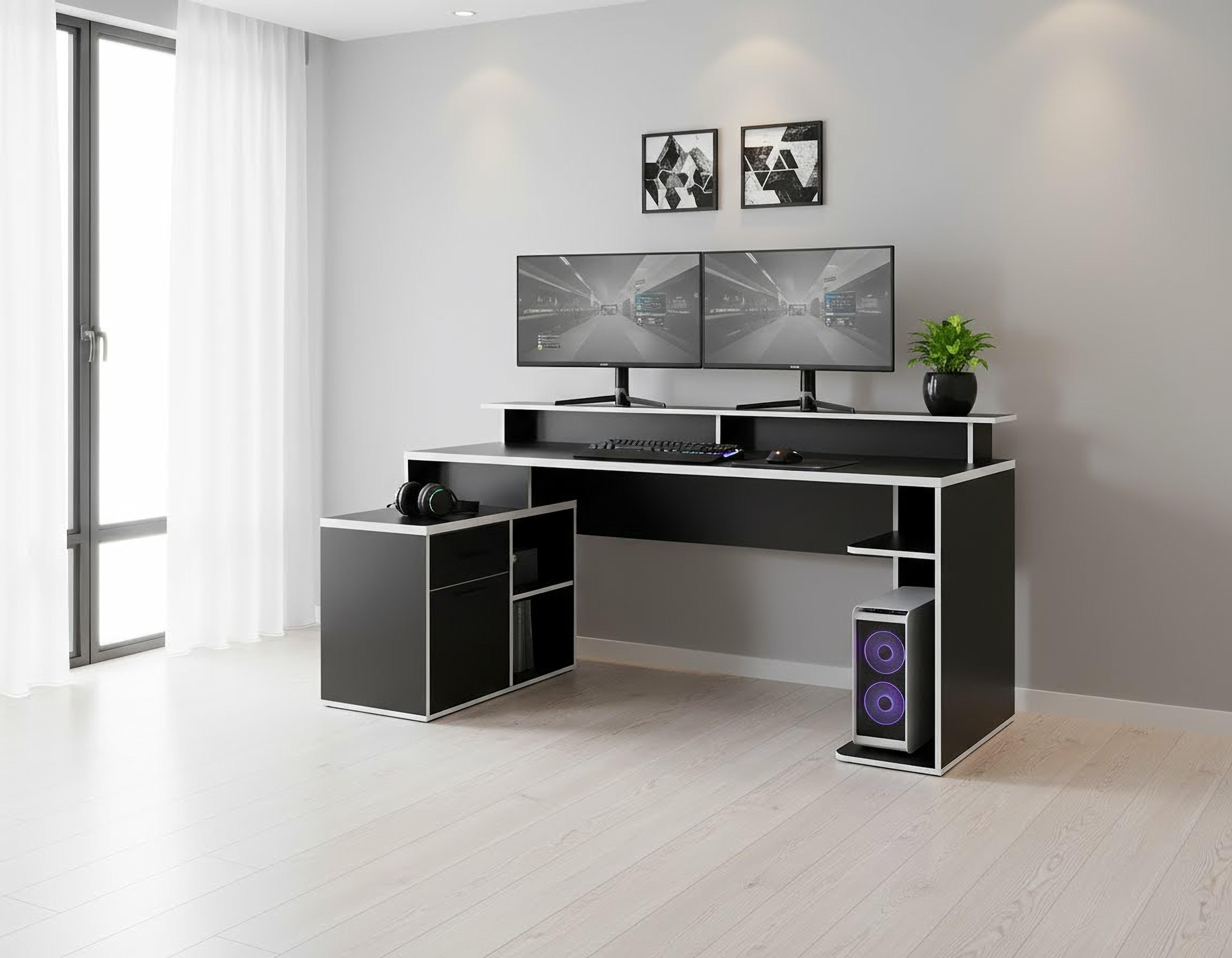 OTTO home Gamingtisch »Game, Computertisch, Eckschreibtisch« , Towerfach, Kabeldurchlass, Monitoraufsatz, Stauraum, Maße 180x102 cm