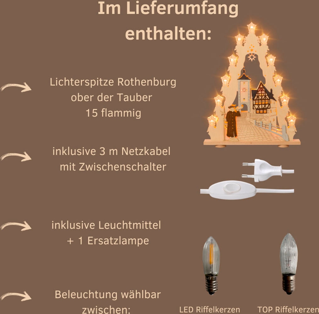 Weigla LED Lichterbogen »Rothenburg ob der Tauber, große Lichterspitze aus Holz, Fachwerkhaus«, Erzgebirge garantiert, Weihnachtsdeko Innen, Weihnachtsbeleuchtung