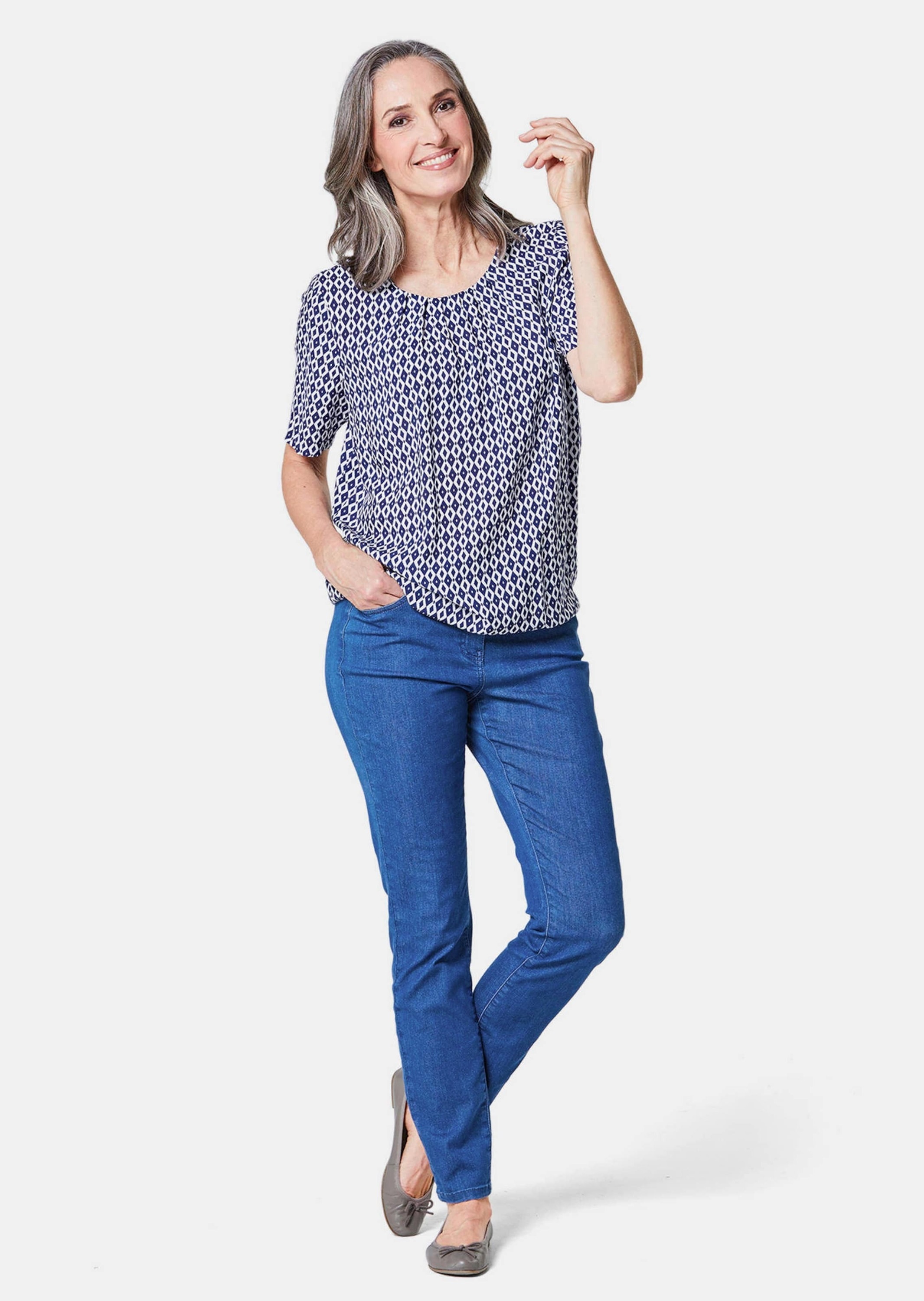 GOLDNER Druckbluse "Kurzgröße Halbarm Viskosebluse mit Allover-Print" Appli günstig online kaufen