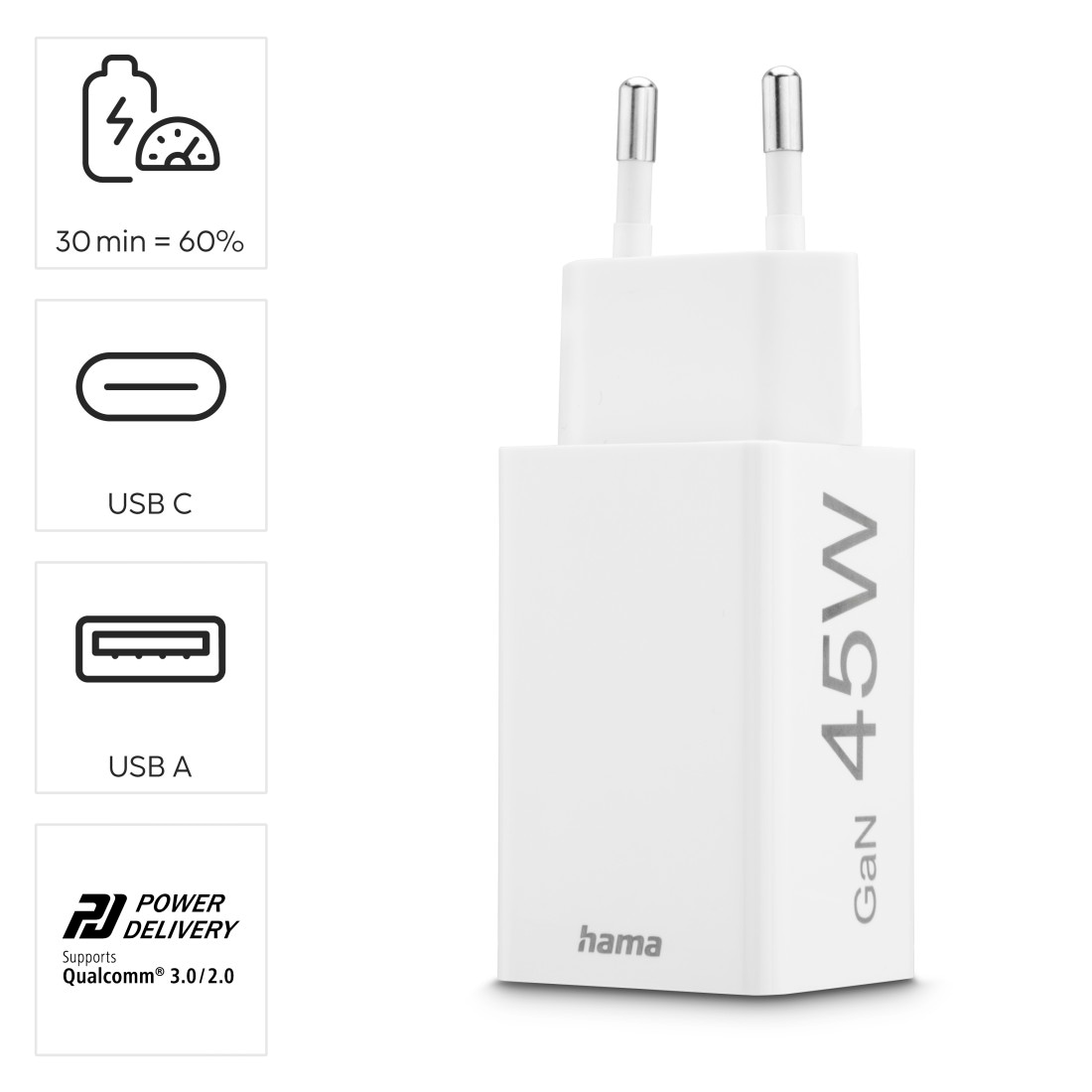 Hama Schnelllade-Gerät »USB-Ladegerät (Schnellladegerät, Netzteil, 1x USB-C, 1x USB-A, 45 W)«, (1 St.)