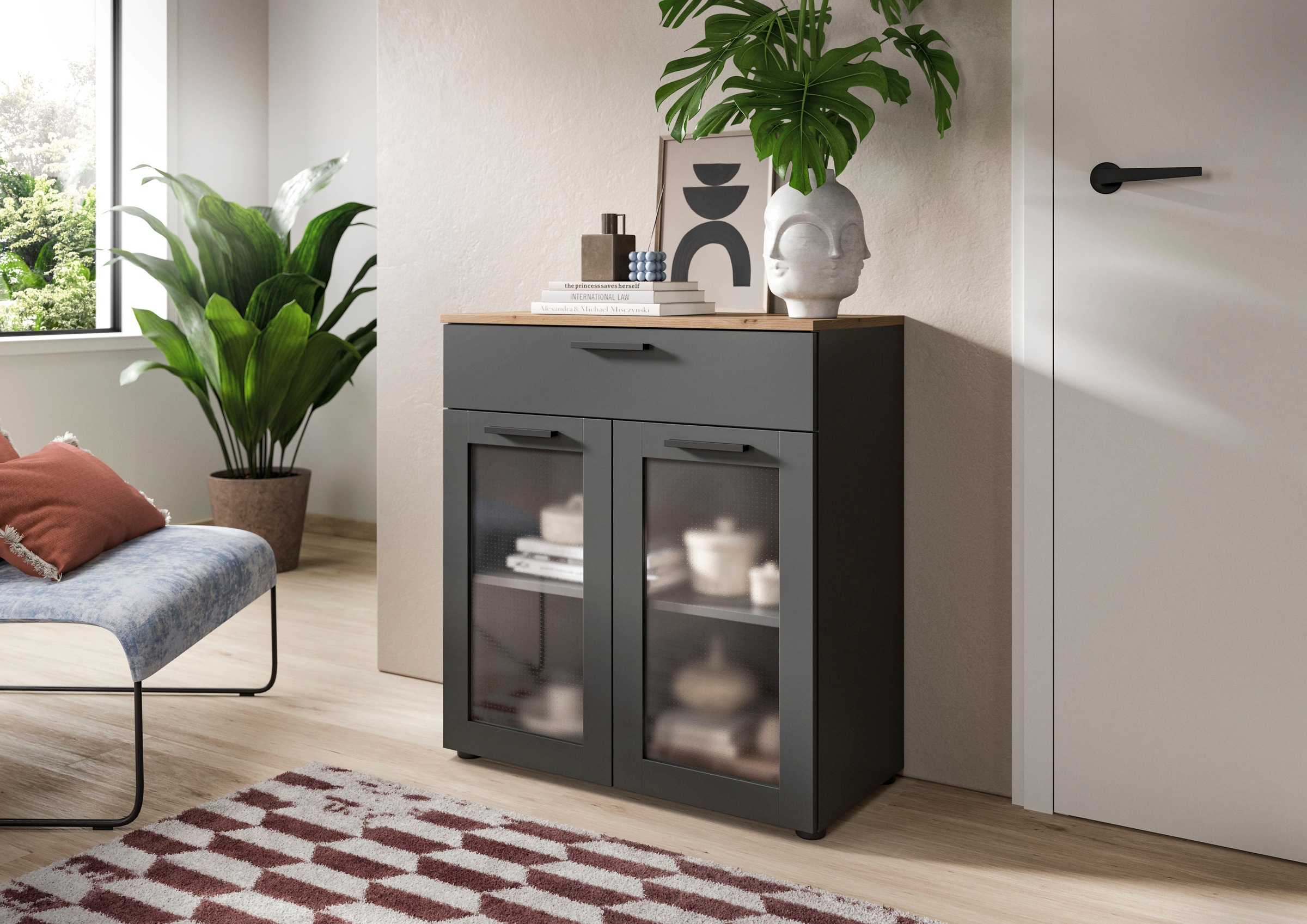 INOSIGN Kommode "SALKIN, Breite 78cm, 2 Türen mit ESG Ornamentglas, 1 Schub günstig online kaufen