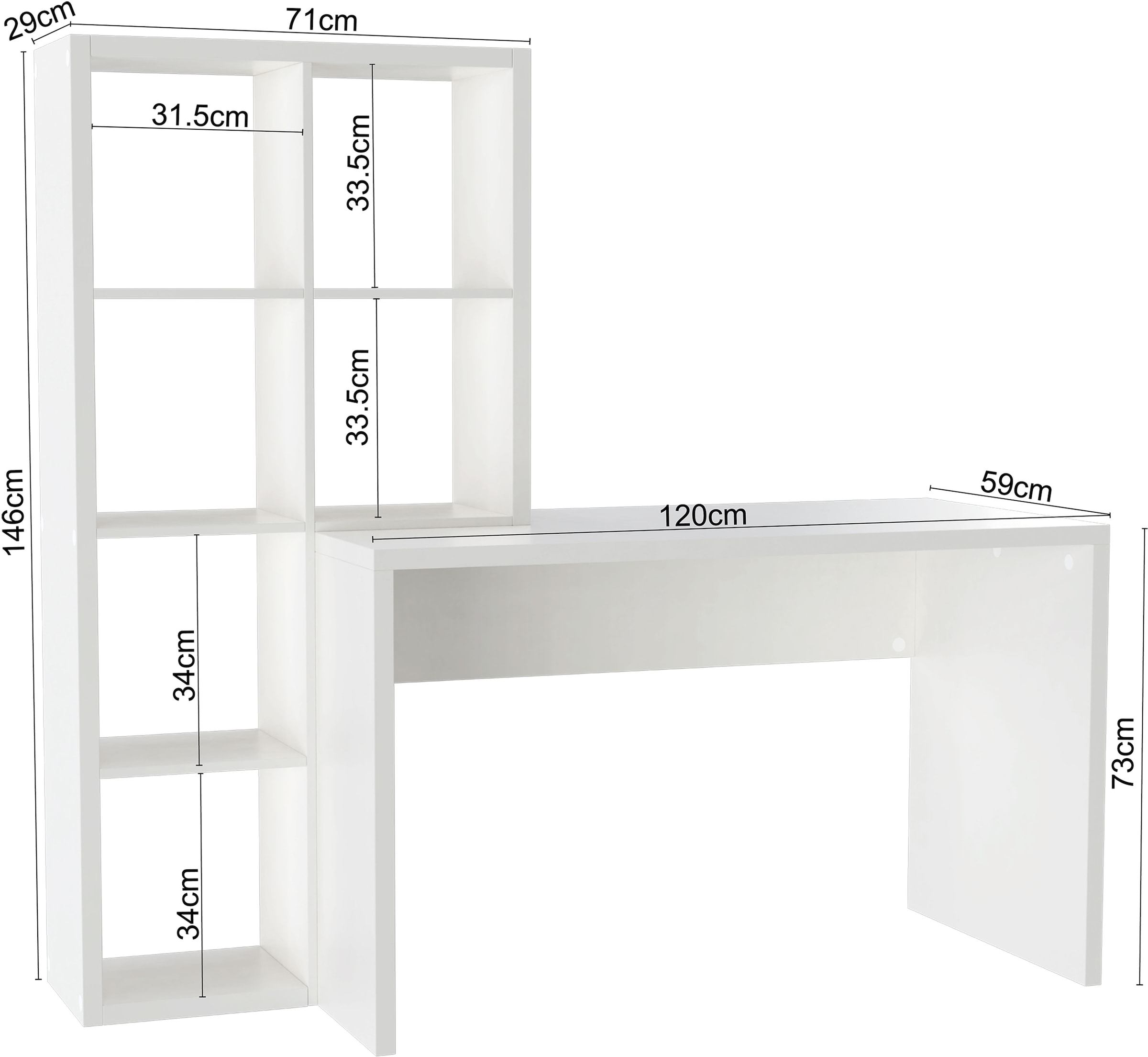 INOSIGN Regal-Schreibtisch »Triest, Computertisch«, Regalelement flexibel montierbar, 6 Fächer, Tischbreite 120 cm