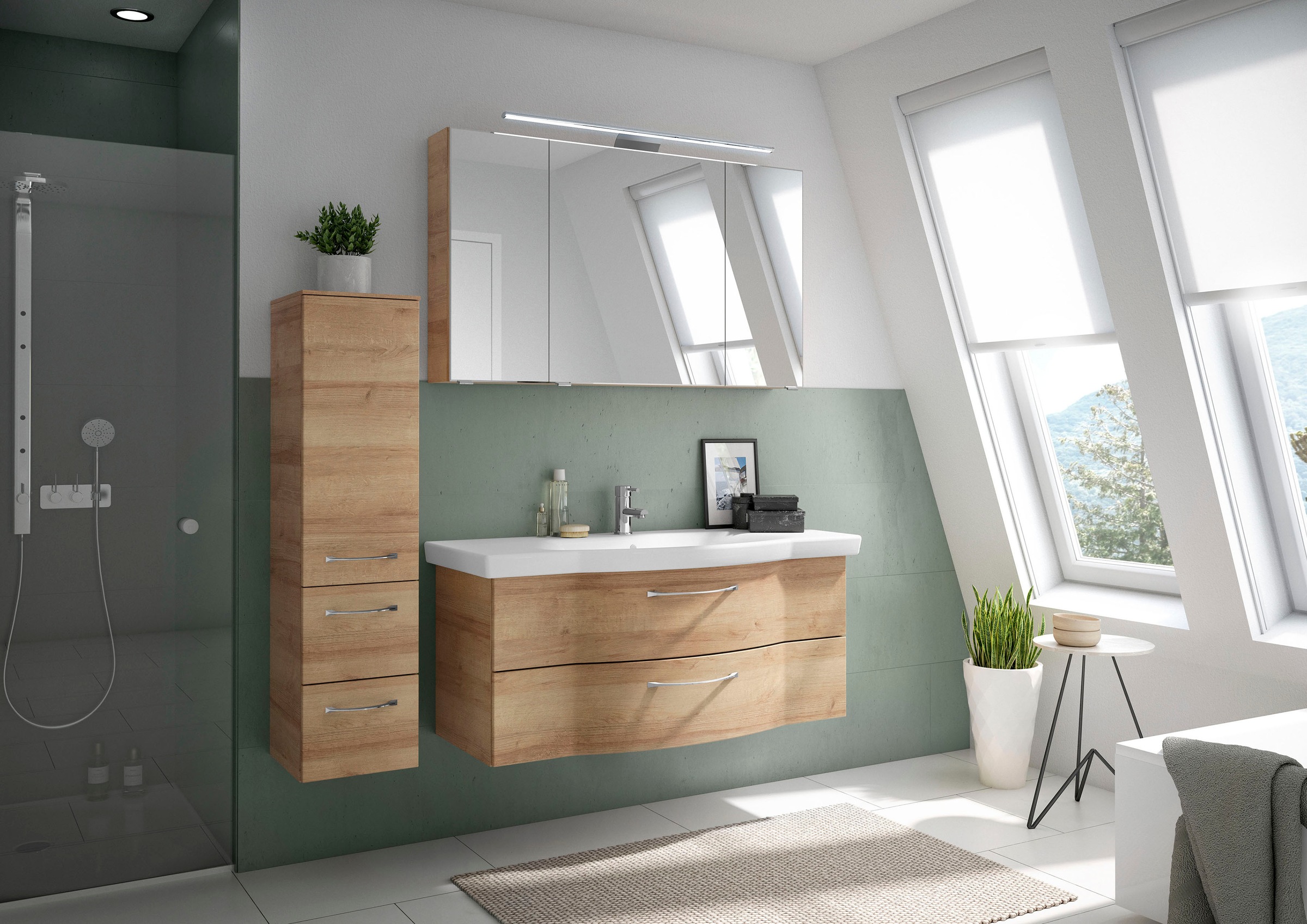 Saphir Badmöbel-Set »6005 Sprint 3-teilig, Keramik-Waschtisch mit LED-Spiegelschrank«, (4 St.), Midischrank, inkl. Türdämpfer, 4 Türen, 4 Schubladen, Bad-Set