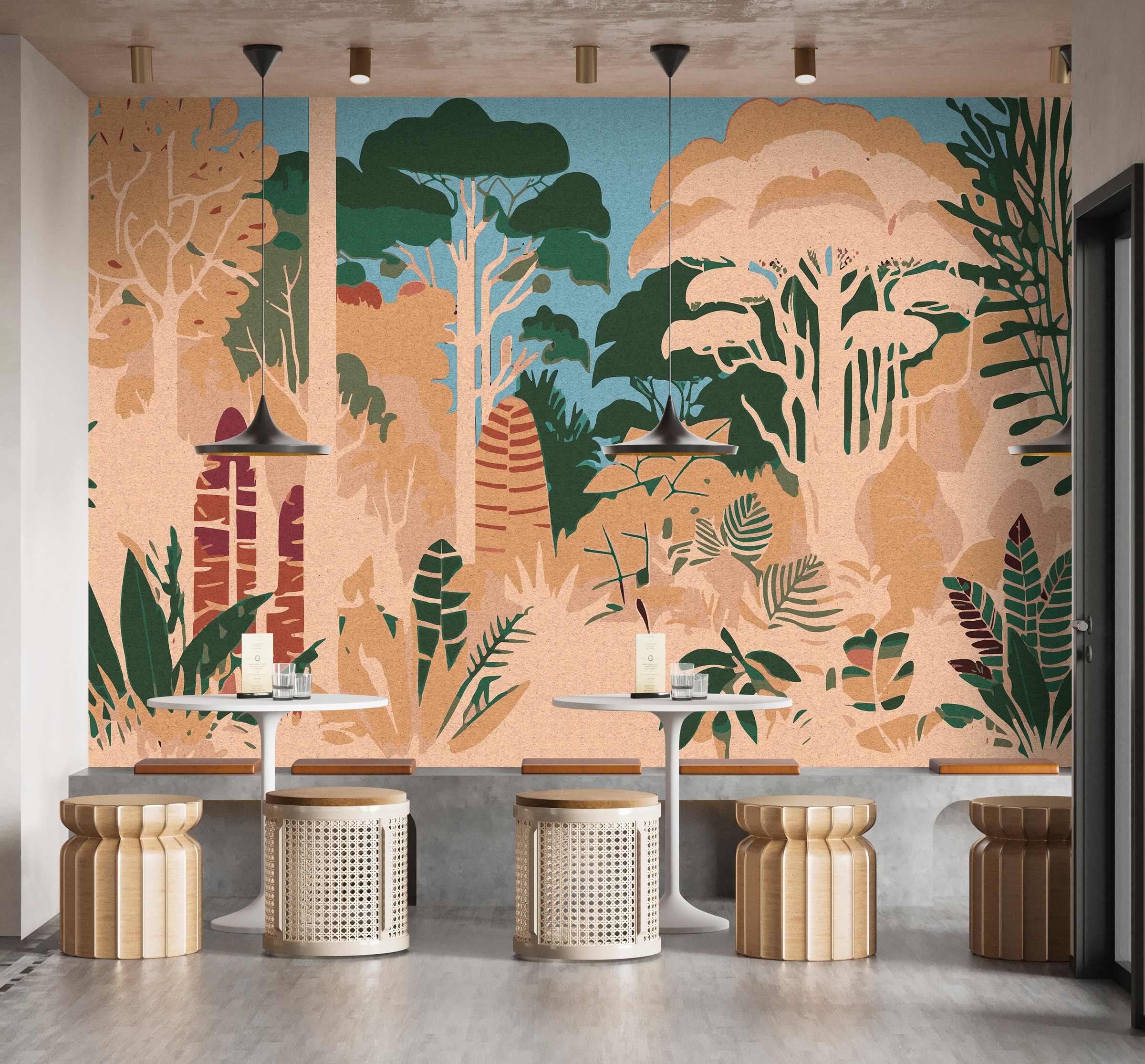 living walls Vliestapete "Fototapete Dschungel Beige Grün Tropische Pflanzen" matt glatt