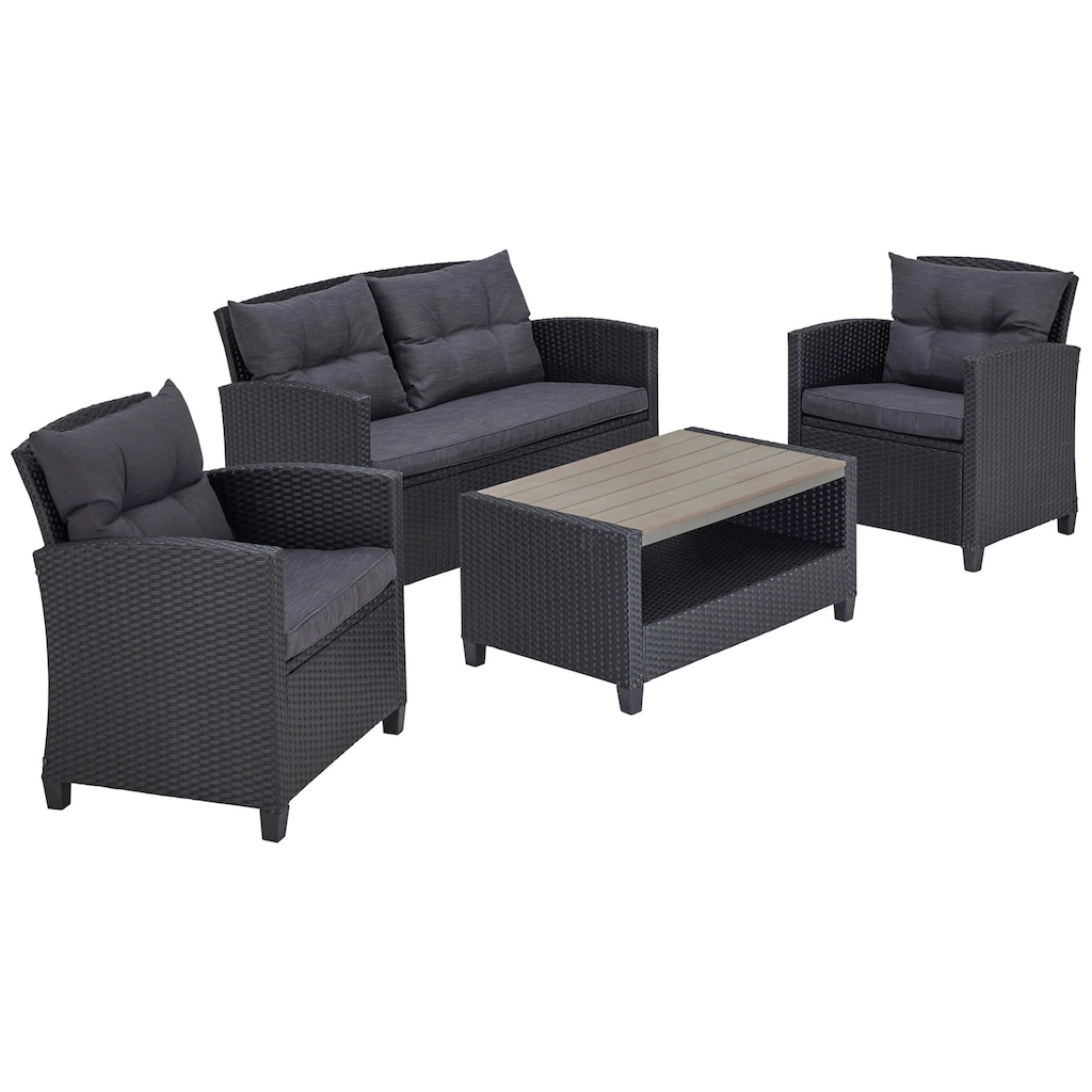 KONIFERA Gartenlounge-Set »St. Tropez«, (Set, 11 tlg., 1x2er Sofa, 2x Sessel,1x Tisch 90x55x42,5cm, inkl. Auflagen), Polyrattan, Stahl, Ablage unter dem Tisch, Balkonset, Loungeset