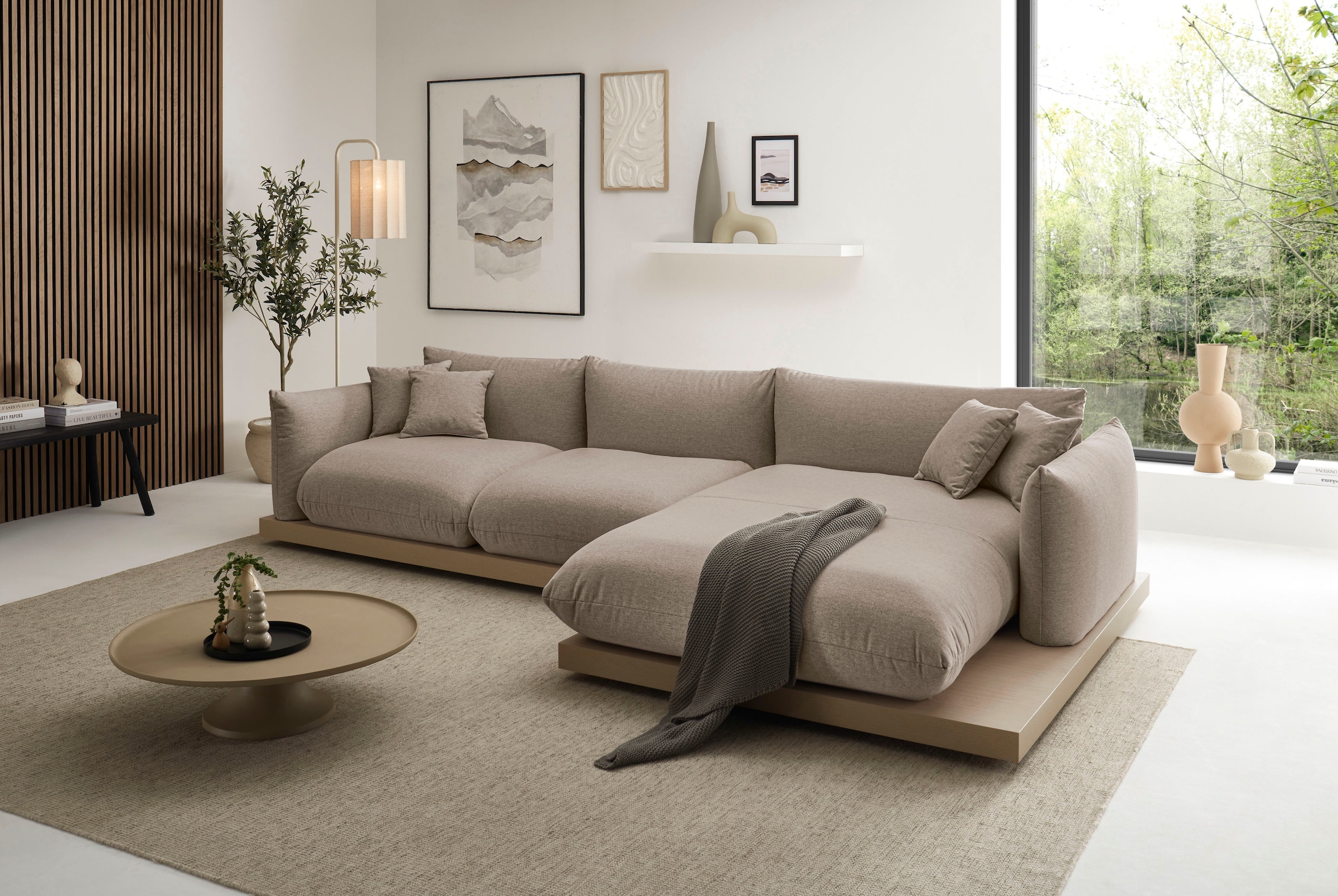 OTTO home Ecksofa »Kalix, Polsterecke mit kräftigem Holz-Plateau, moderne Couch in L-Form«, wahlweise Recamiere links o. rechts, Strukturstoff, hoher Sitzkomfort