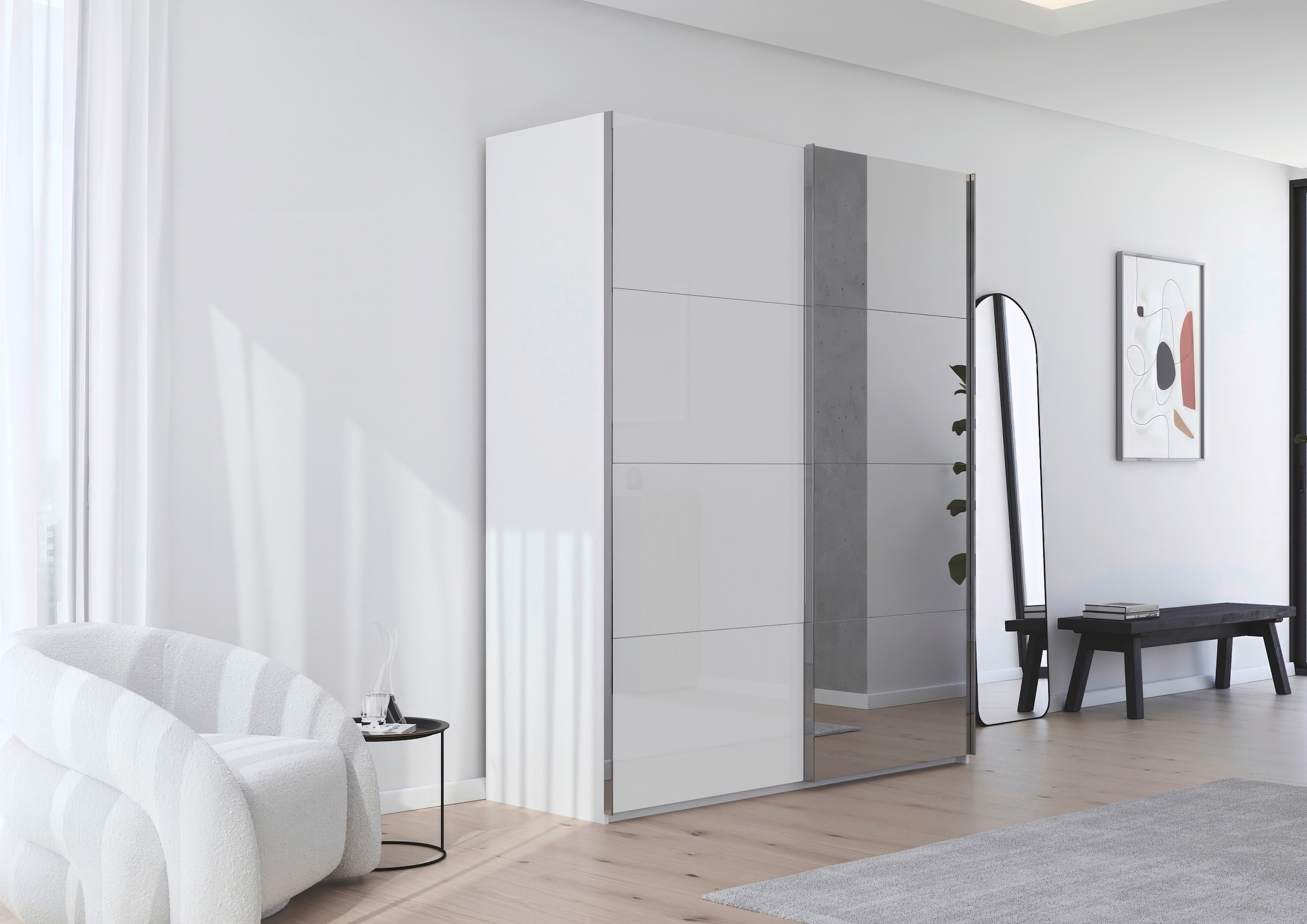 rauch Schwebetürenschrank »Kleiderschrank Schrank Garderobe Schlafzimmerschrank SCALE-FYRA« edle viergeteilte Türen Spiegel/Glas-Mix viele Farben MADE IN GERMANY