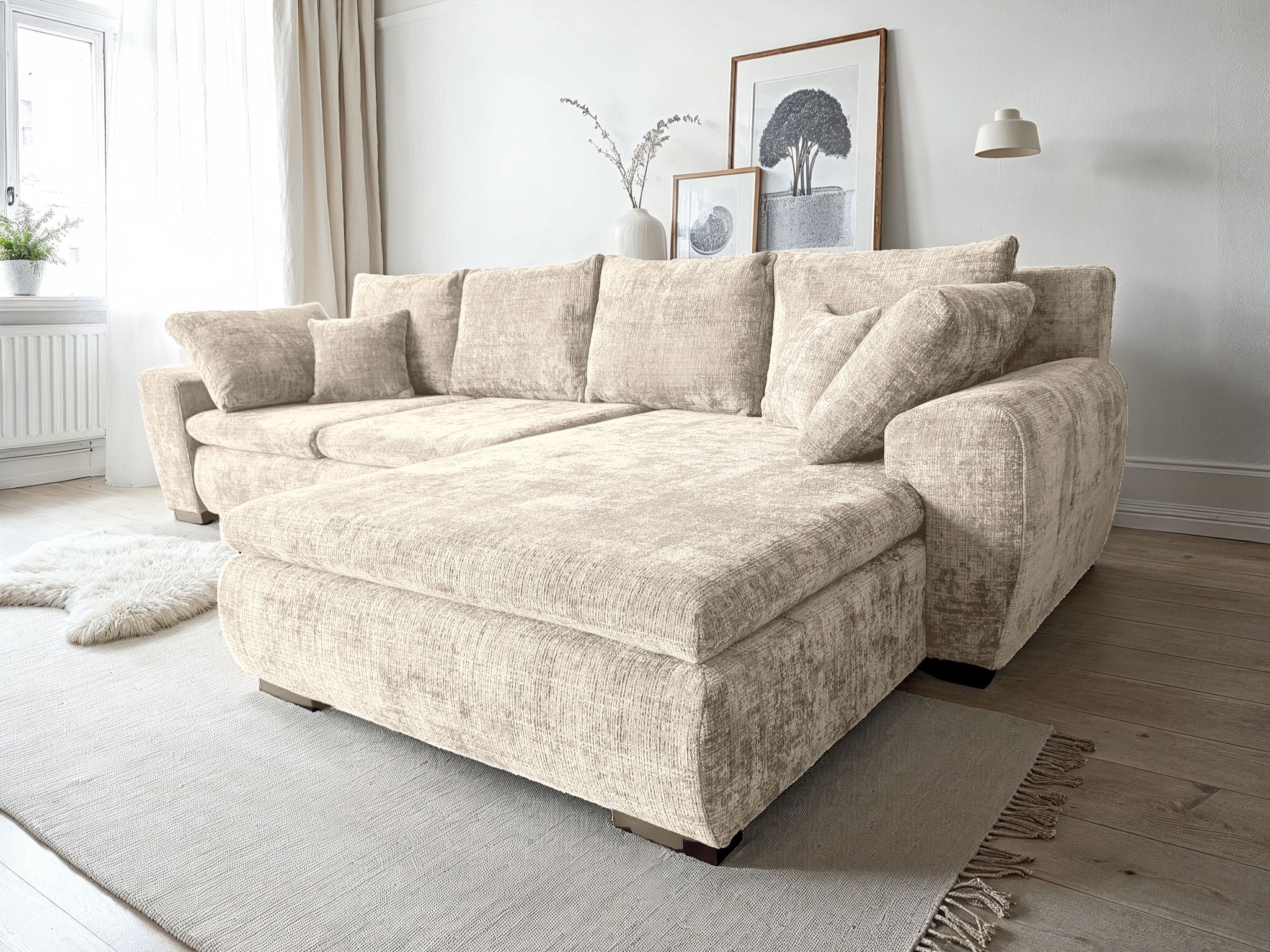 Home affaire 1100000002199 "Cara Mia L-Form, B: 325 cm, XXL-Sofa mit 4 Zierkissen" mit Schlaffunktion & Bettkasten, Liegefl. 145x270 cm