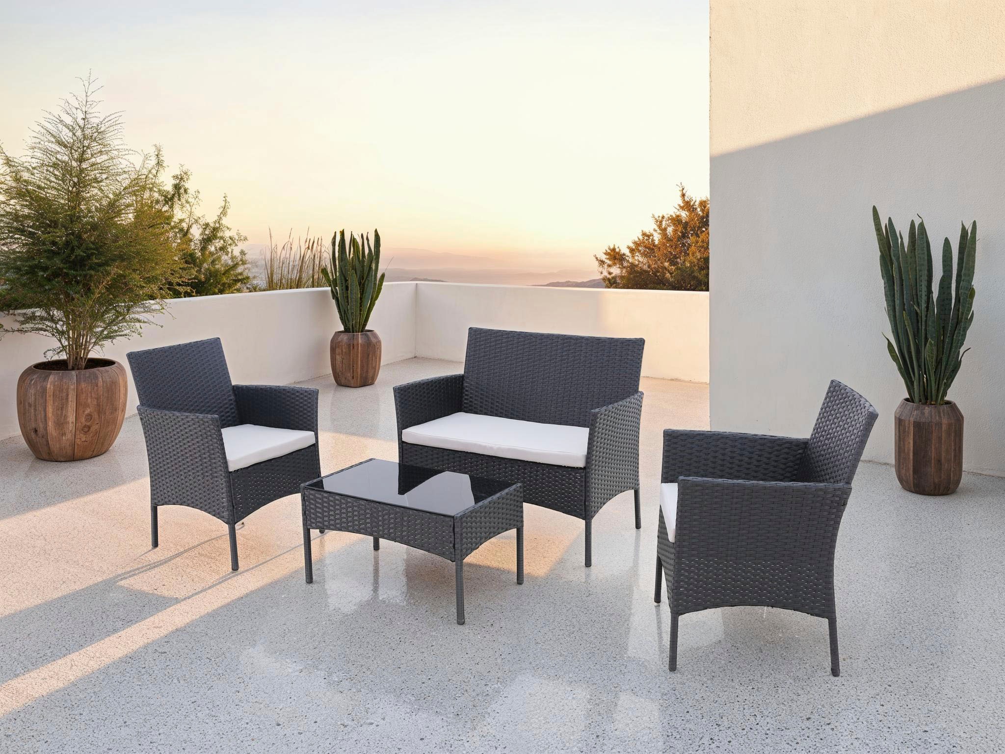 KONIFERA Gartenlounge-Set »Balkonset »Palma««, (Set, 7 tlg., 1x2er Sofa, 2 Sessel, Tisch 41x71x39 cm, inkl. Auflagen), Stahl/Polyrattan