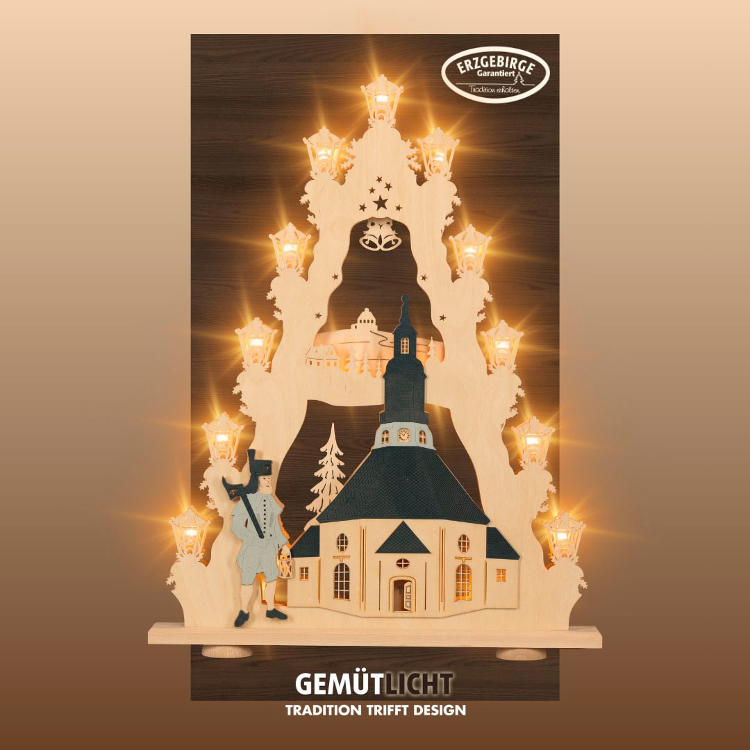Weigla LED Lichterbogen »Seiffener Kirche, große Lichterspitze aus Holz«, Erzgebirge garantiert, Weihnachtsdeko Innen, Weihnachtsbeleuchtung
