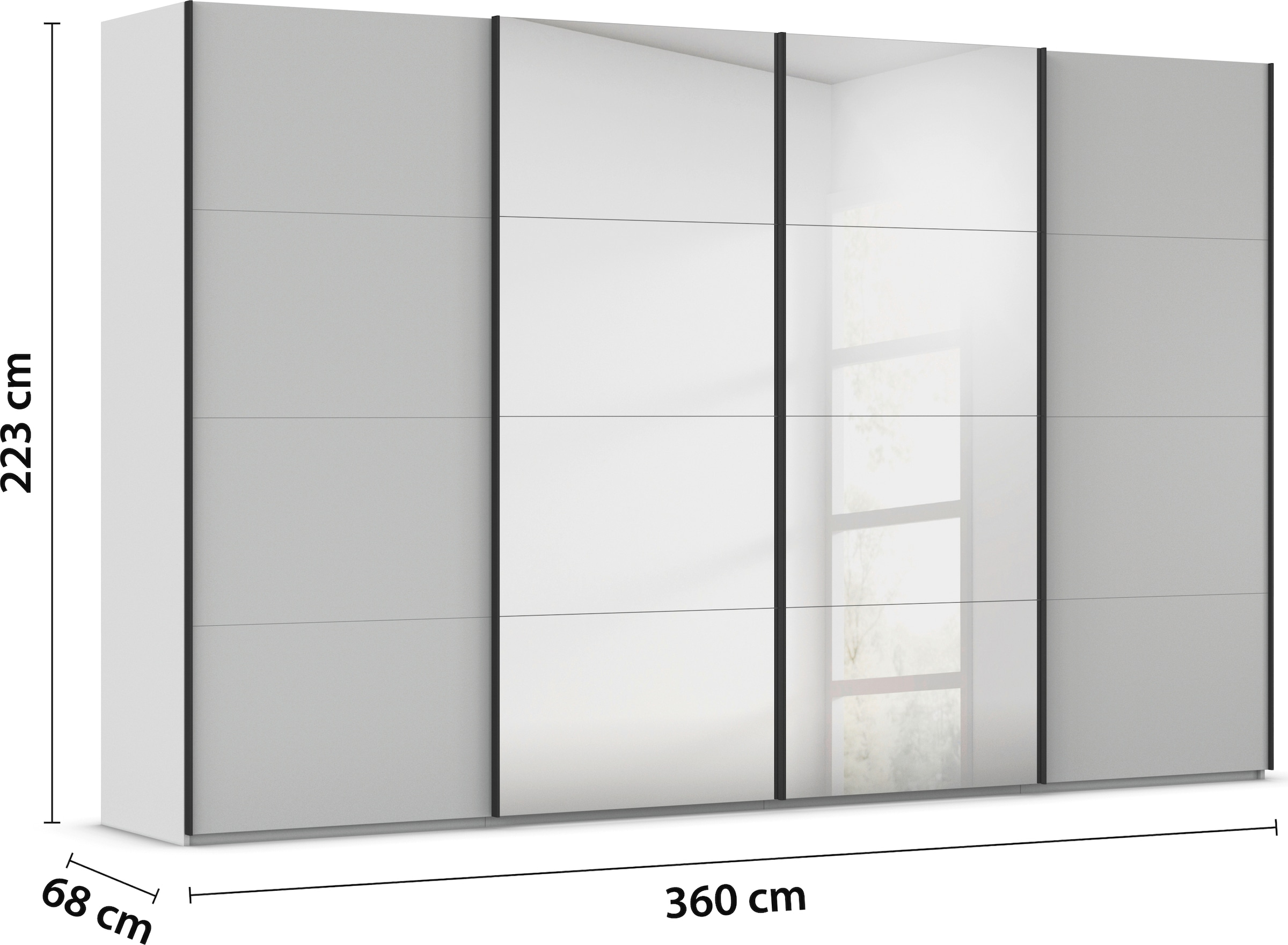 rauch Schwebetürenschrank »Kleiderschrank Schrank Garderobe Schlafzimmerschrank SCALE-FYRA«, edle viergeteilte Türen mit Spiegel und vielen Farben MADE IN GERMANY