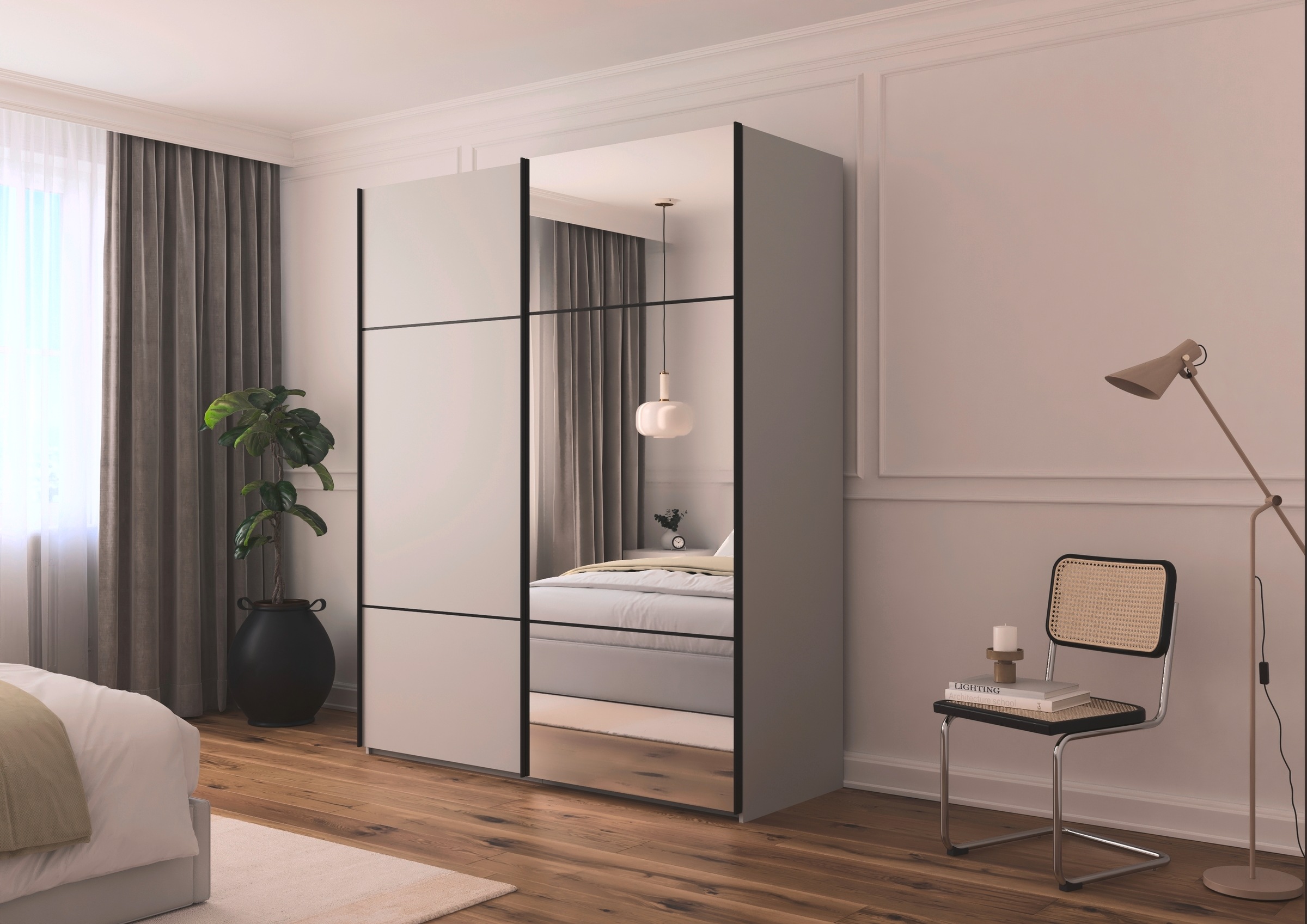 rauch Schwebetürenschrank »Kleiderschrank Schrank Garderobe Schlafzimmerschrank SCALE-TRIO«, edle dreigeteilte Front mit 2 Zierleisten und Spiegel MADE IN GERMANY
