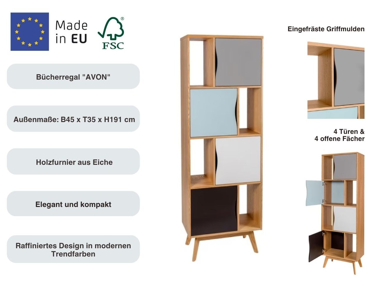 Woodman Bücherregal »Avon«, Höhe 191 cm, Holzfurnier aus Eiche, schlichtes skandinavisches Design