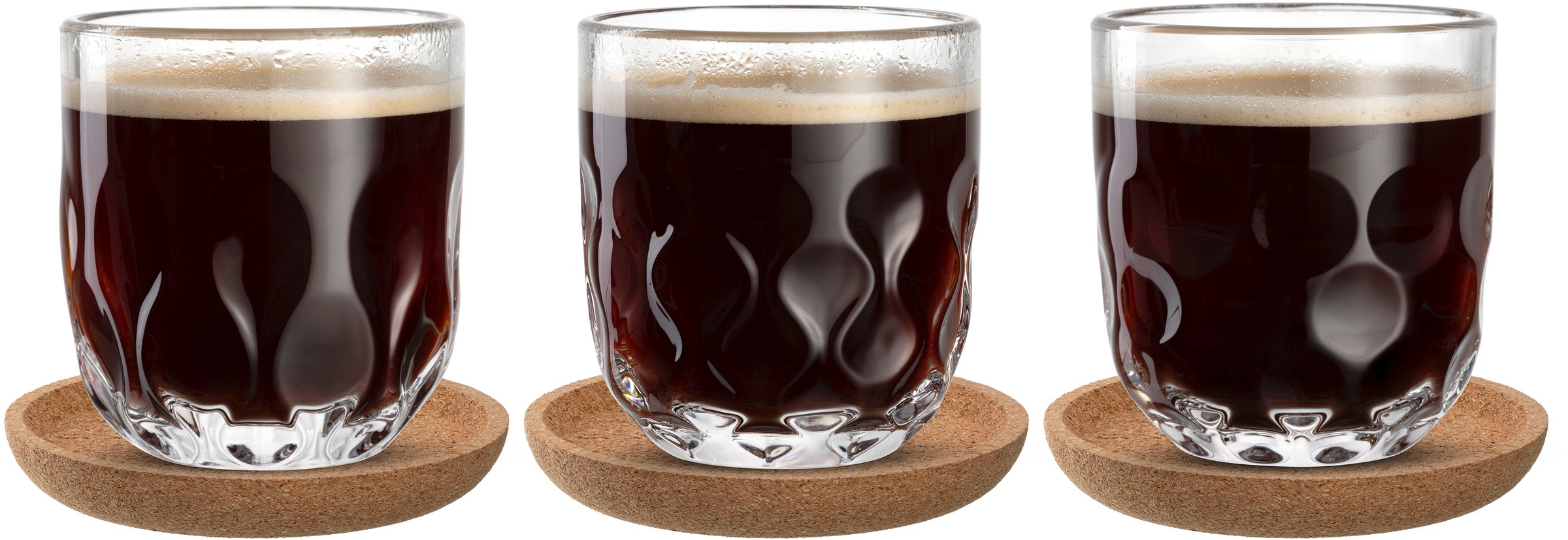 LEONARDO Gläser-Set »Kaffee-Set GOCCE, 220 ml, 6-teilig« 3 Gläser mit unterschiedlichem Tropfenrelief, inkl. Kork-Untersetzer