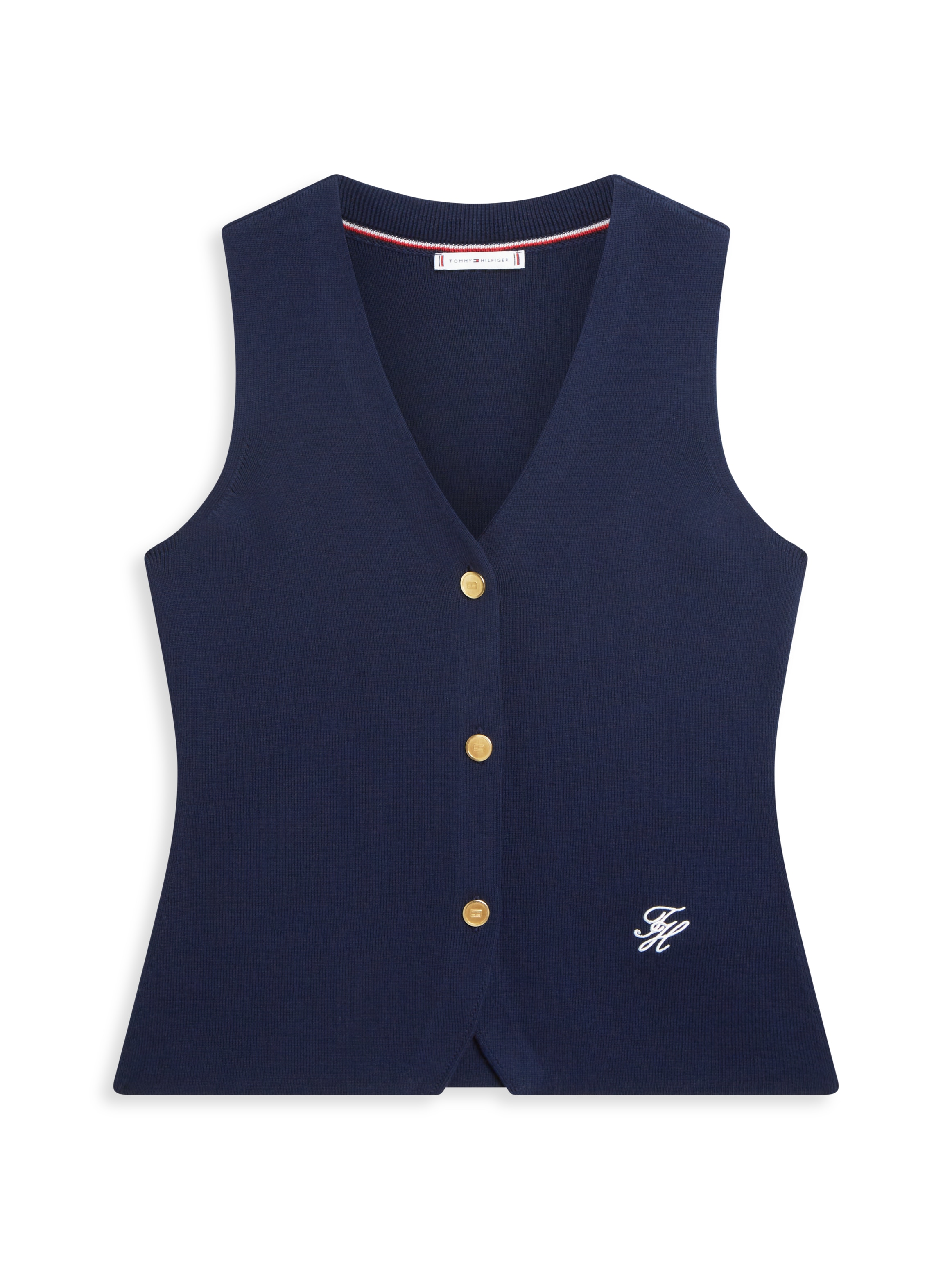 Tommy Hilfiger Strickweste »CO FULL NEEDLE SLIM VEST« mit Monogramm-Stickerei, V-Ausschnitt