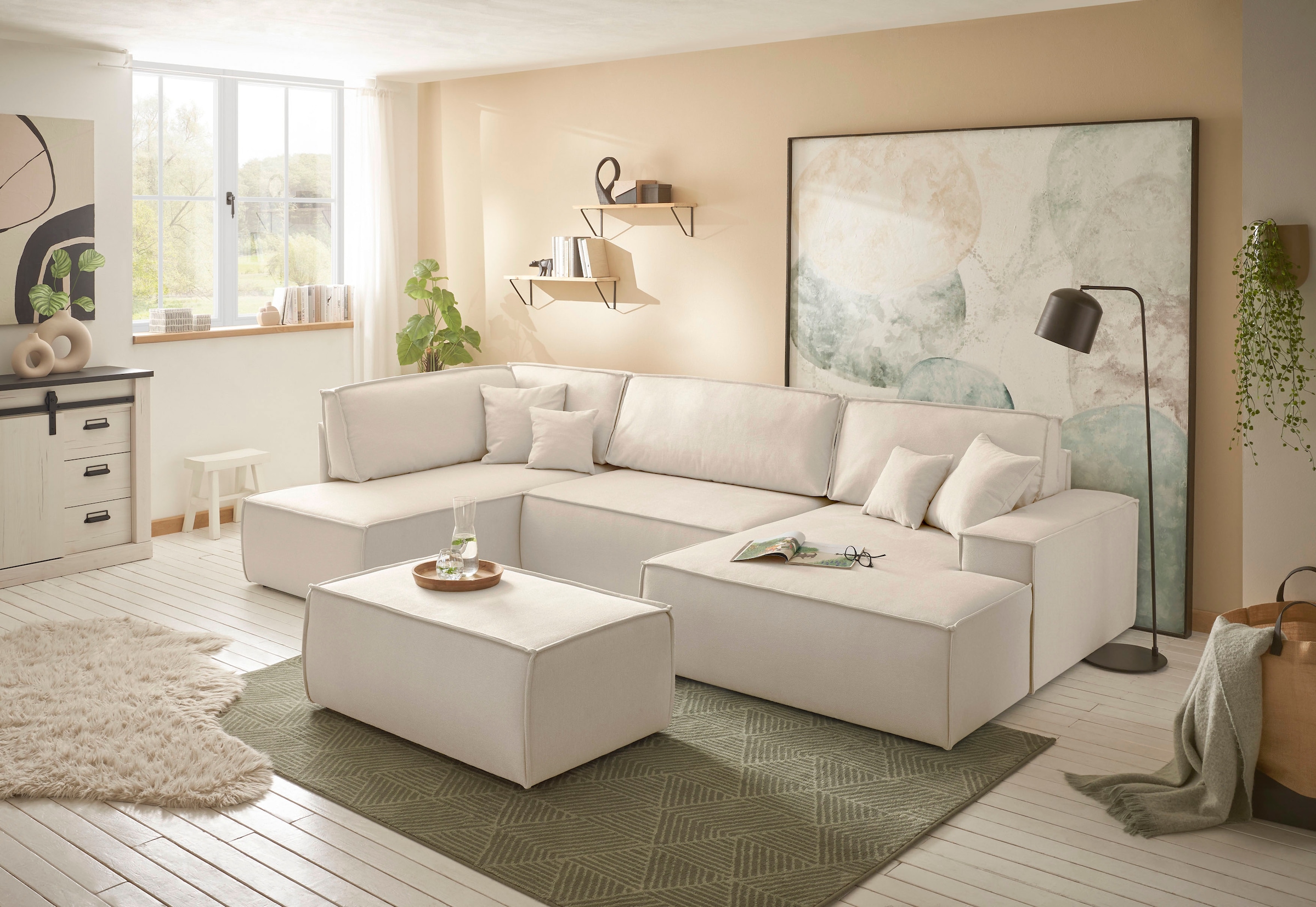 andas Wohnlandschaft »FINNLEY U-Form XXL 329 cm, Schlafsofa, Schlaffunktion m. Bettkasten«, (194/139 cm), Bouclé, Struktur und Cord