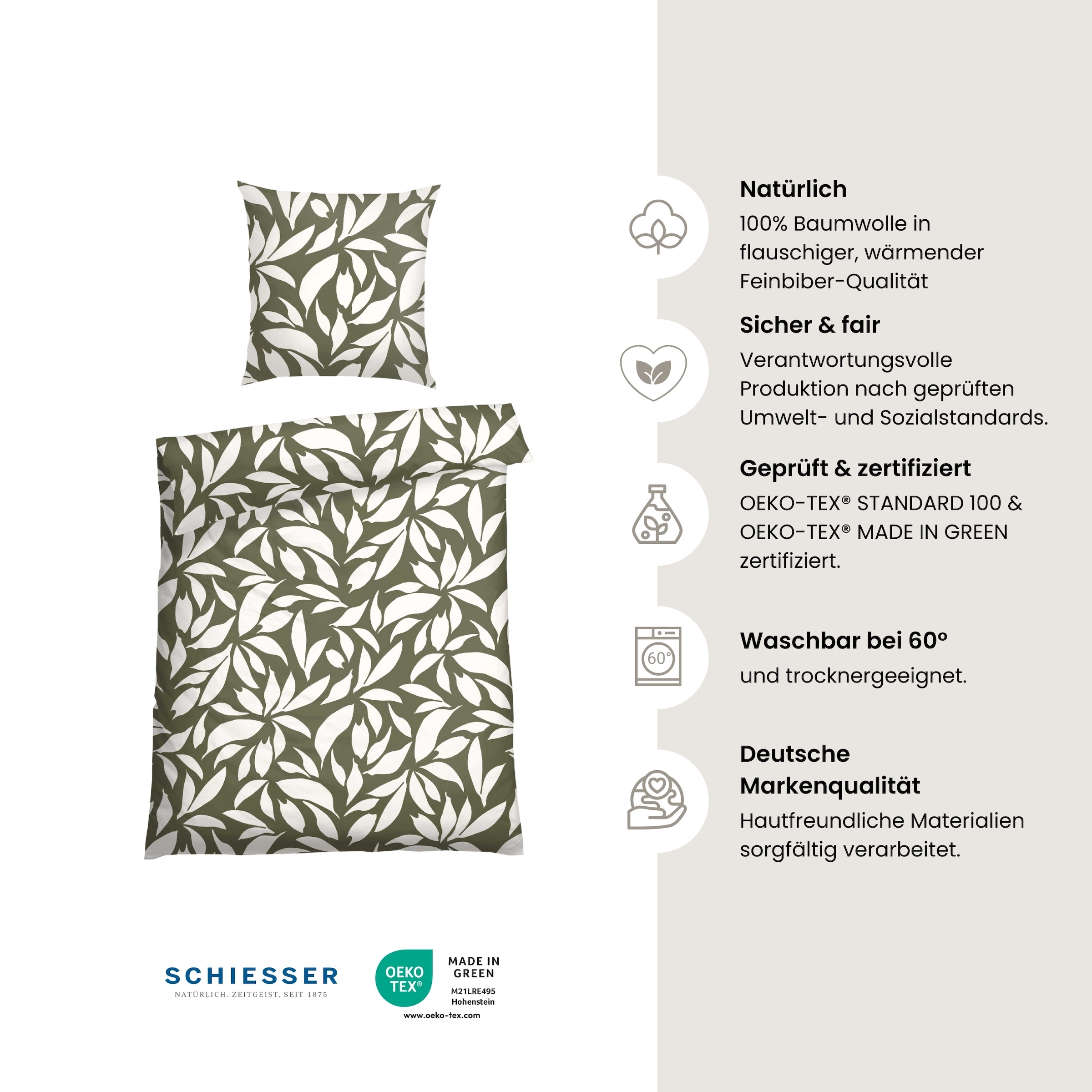 Schiesser Bettwäsche »Leaf aus weichem Baumwollflanell mit floralem Muster«, Made in Green