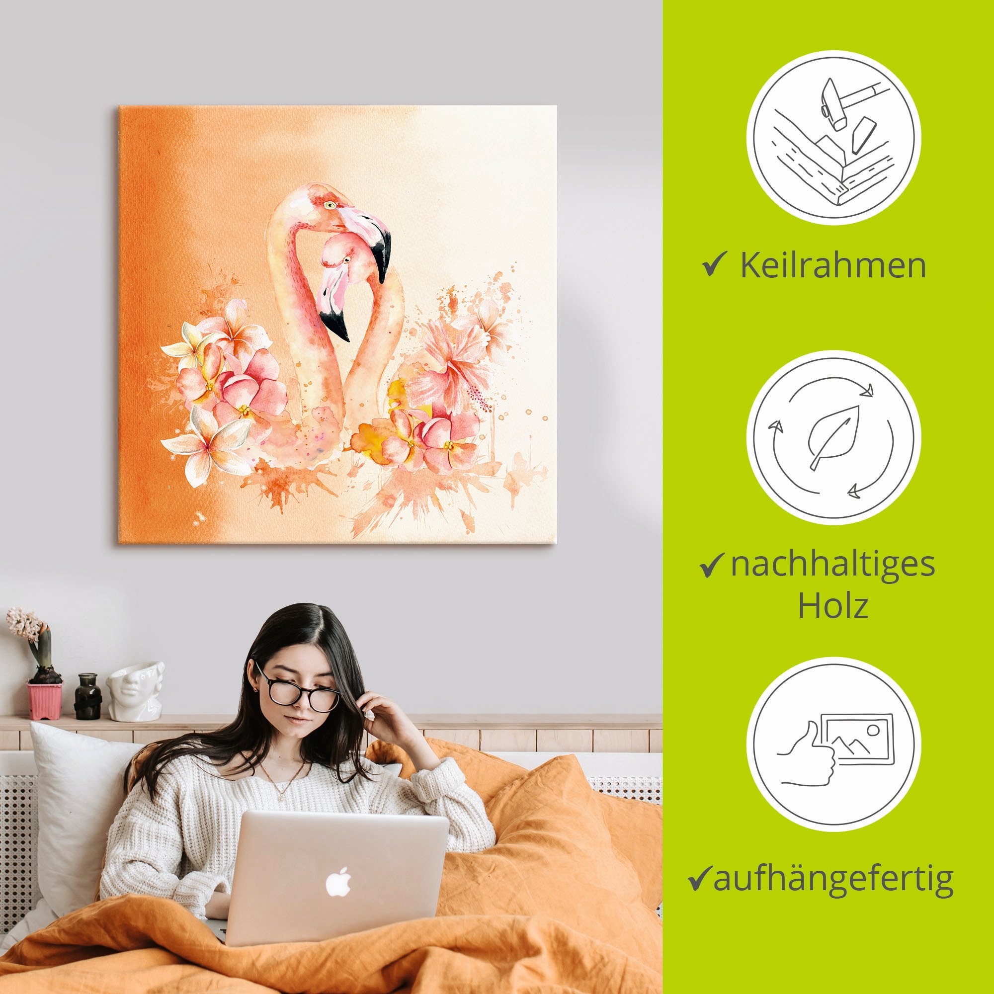 Artland Wandbild »Orange Flamingo in Love- Illustration«, Vögel, (1 St.), als Leinwandbild, Poster in verschied. Größen