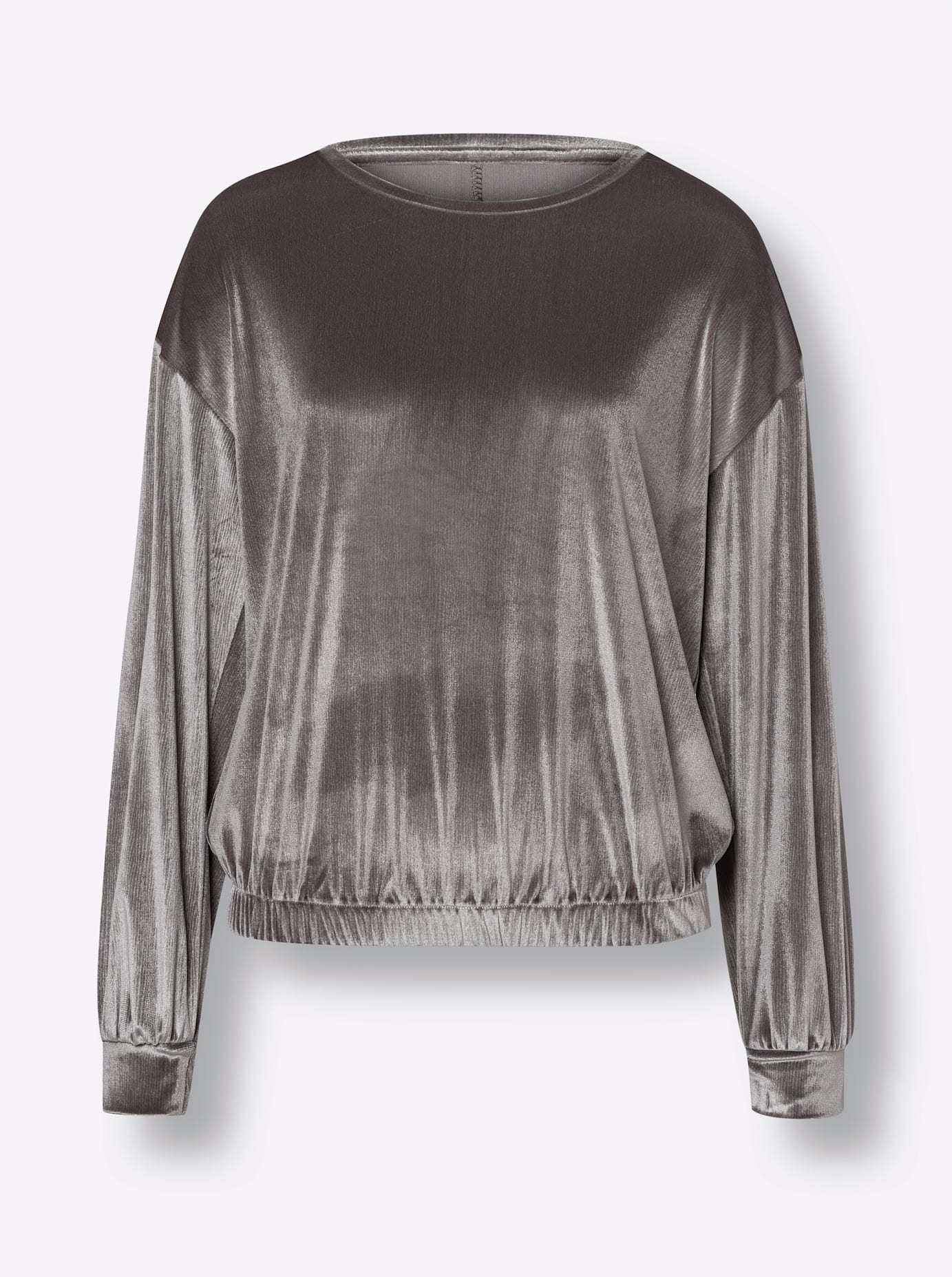Langarmshirt HEINE "Samt-Shirt", Damen, Gr. 40, grau (dunkeltaupe), 95% Polyester, 5% Elasthan, unifarben, Rundhals, Shirts Langarmshirt 3
