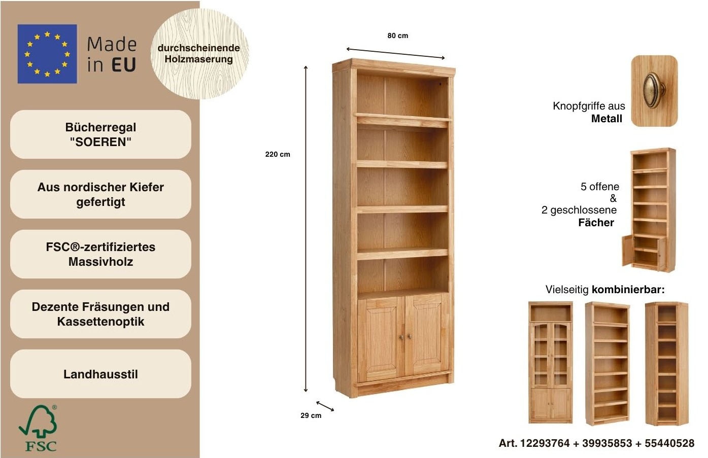Home affaire Bücherregal »Soeren« aus massiver Kiefer, Höhe 220 cm, mit 2 Holztüren, viel Stauraum