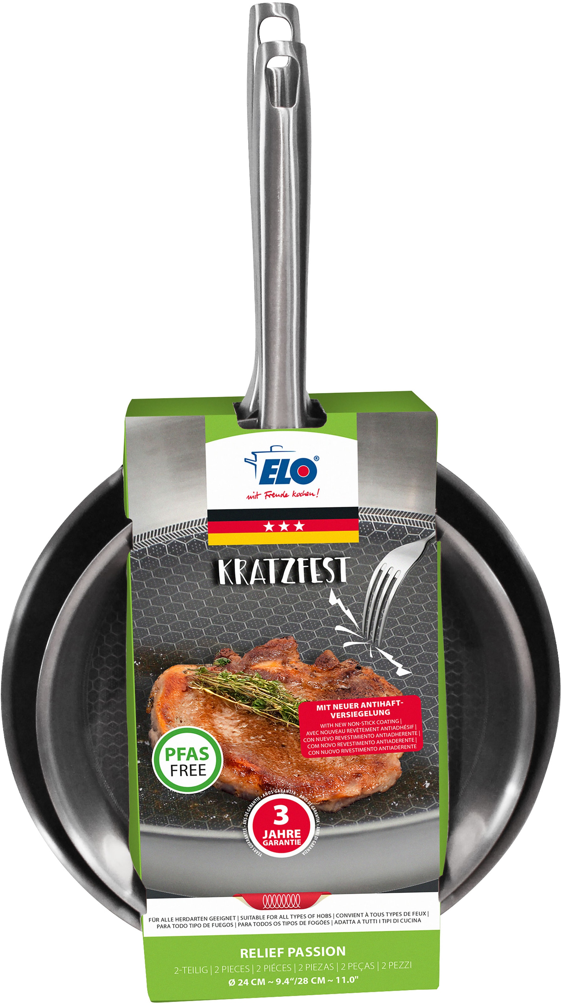 Elo Pfannen-Set »Bratpfanne Relief Passion, Set 2-teilig«, Edelstahl 18/10, (Set, 2 tlg.), Edelstahl Mehrschicht