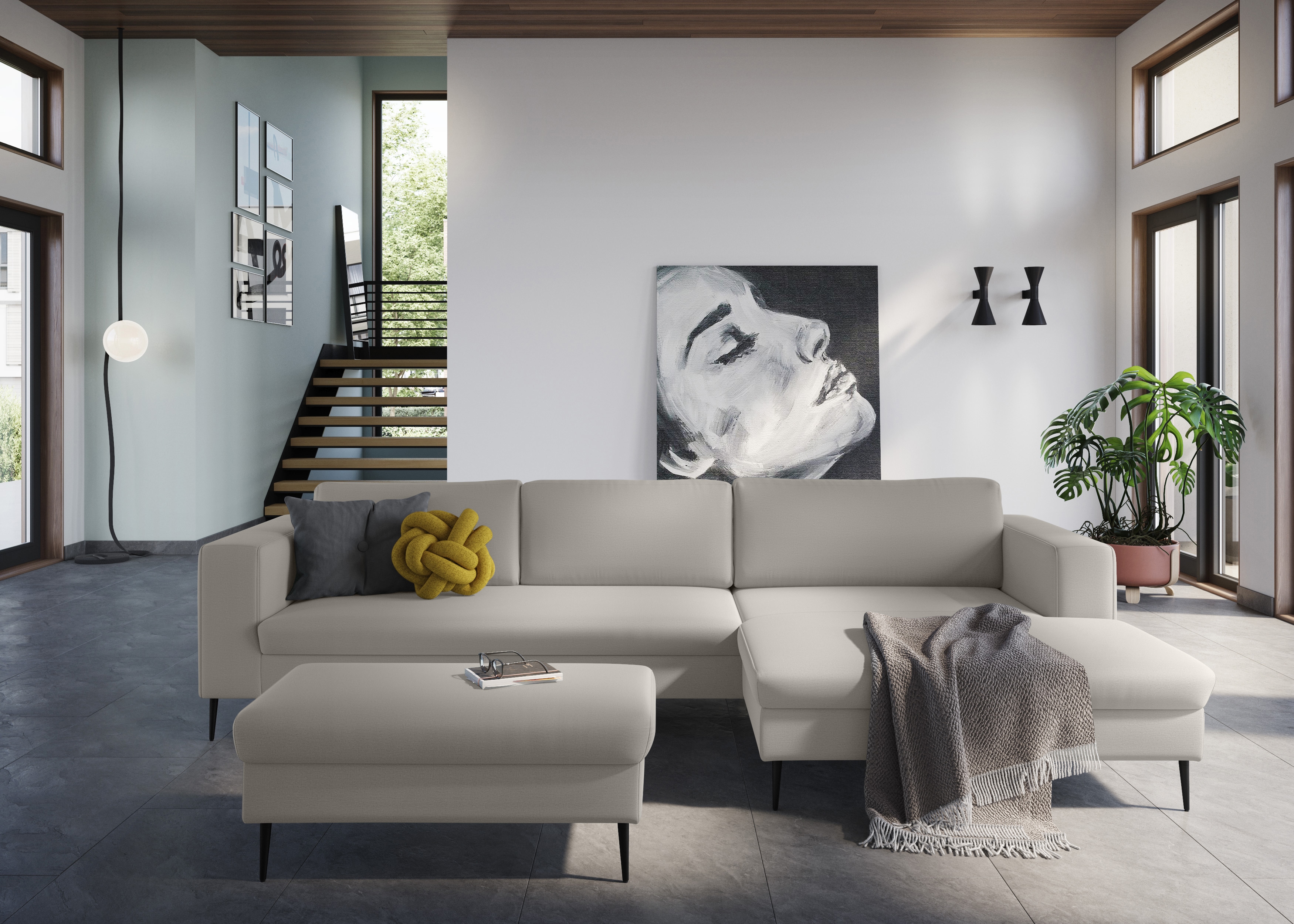 DOMO collection Ecksofa "Modica, zeitlos & elegant, Breite 329cm, hoher Fuß, bequem, L-Form" Auch in Cord, Fußhöhe passend für gängige Saugroboter