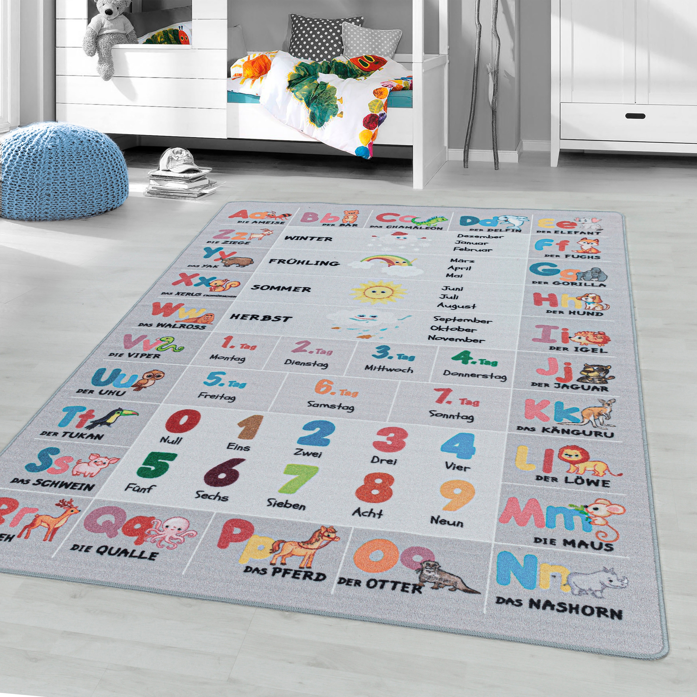 Kinderteppich AYYILDIZ TEPPICHE "PLAY 2904", grau, B:80cm H:6mm L:120cm, Polyamid, Teppiche, Kinderteppich, robuster Kurzflor, bunter Spiel Lern Teppich, Kinderzimmer