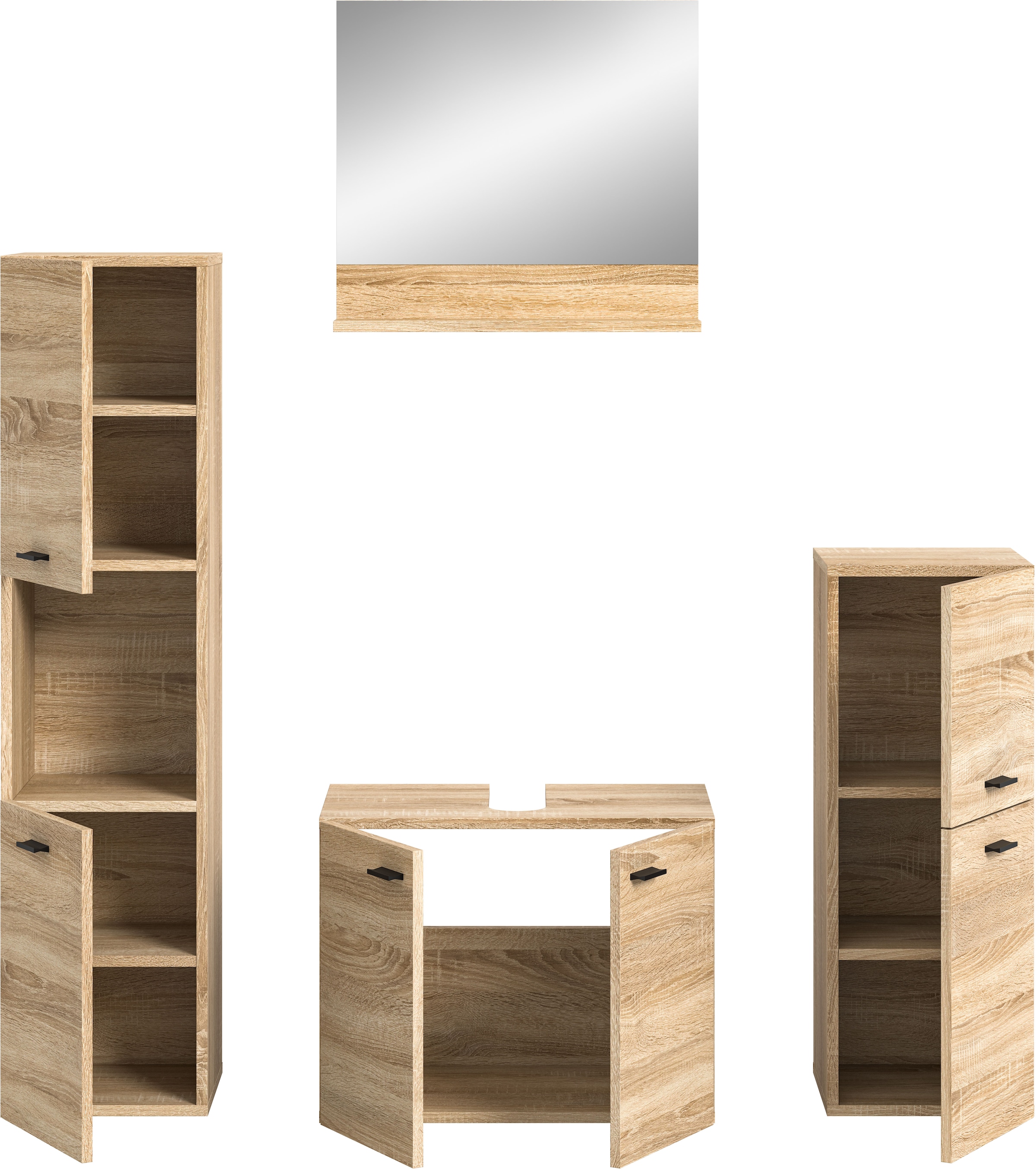 welltime Badmöbel-Set »Tampa, Breite 137cm, 4-teilig«, (4 St.), Waschbeckenunterschrank, Spiegel, Hochschrank, Midischrank