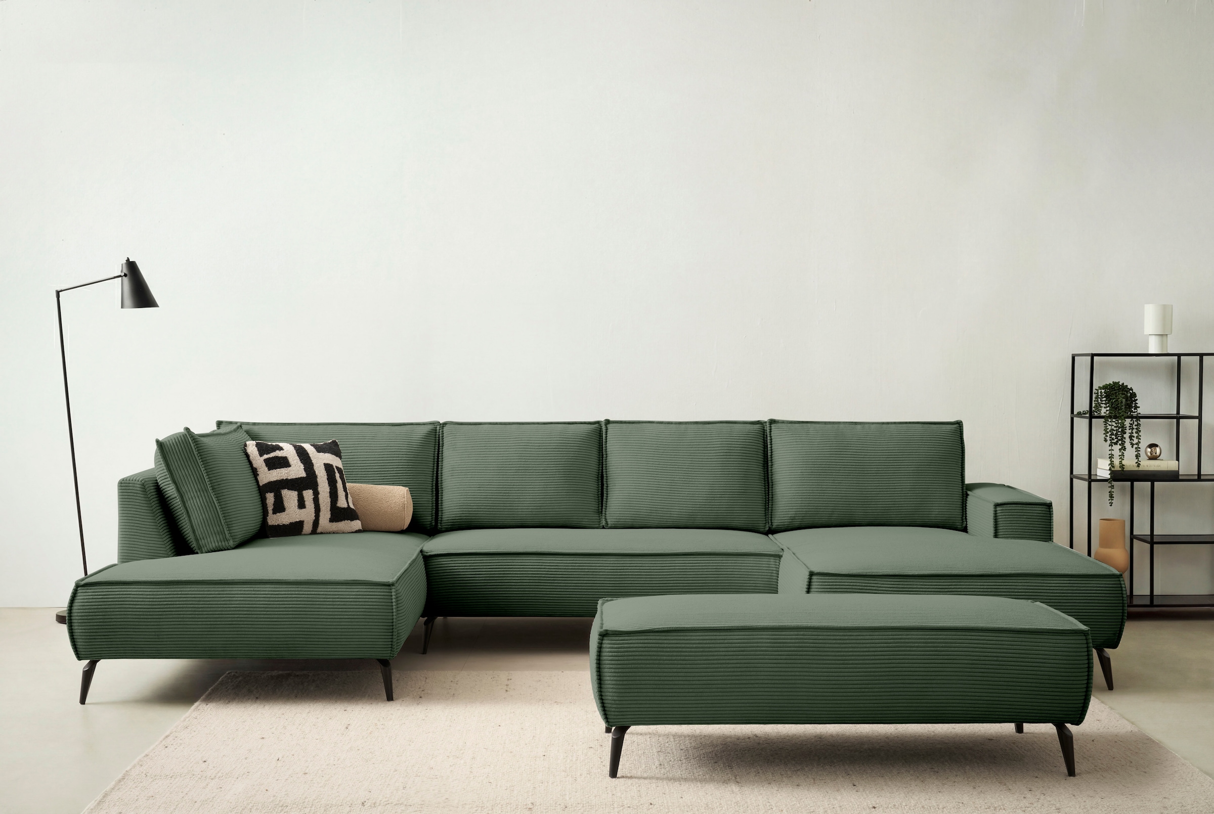 OTTO home Wohnlandschaft "TVINNU Cord, 354 cm, mit Hocker" Recamiere rechts/links, stellbar zum Schlafsofa (Krokodilverbinder)