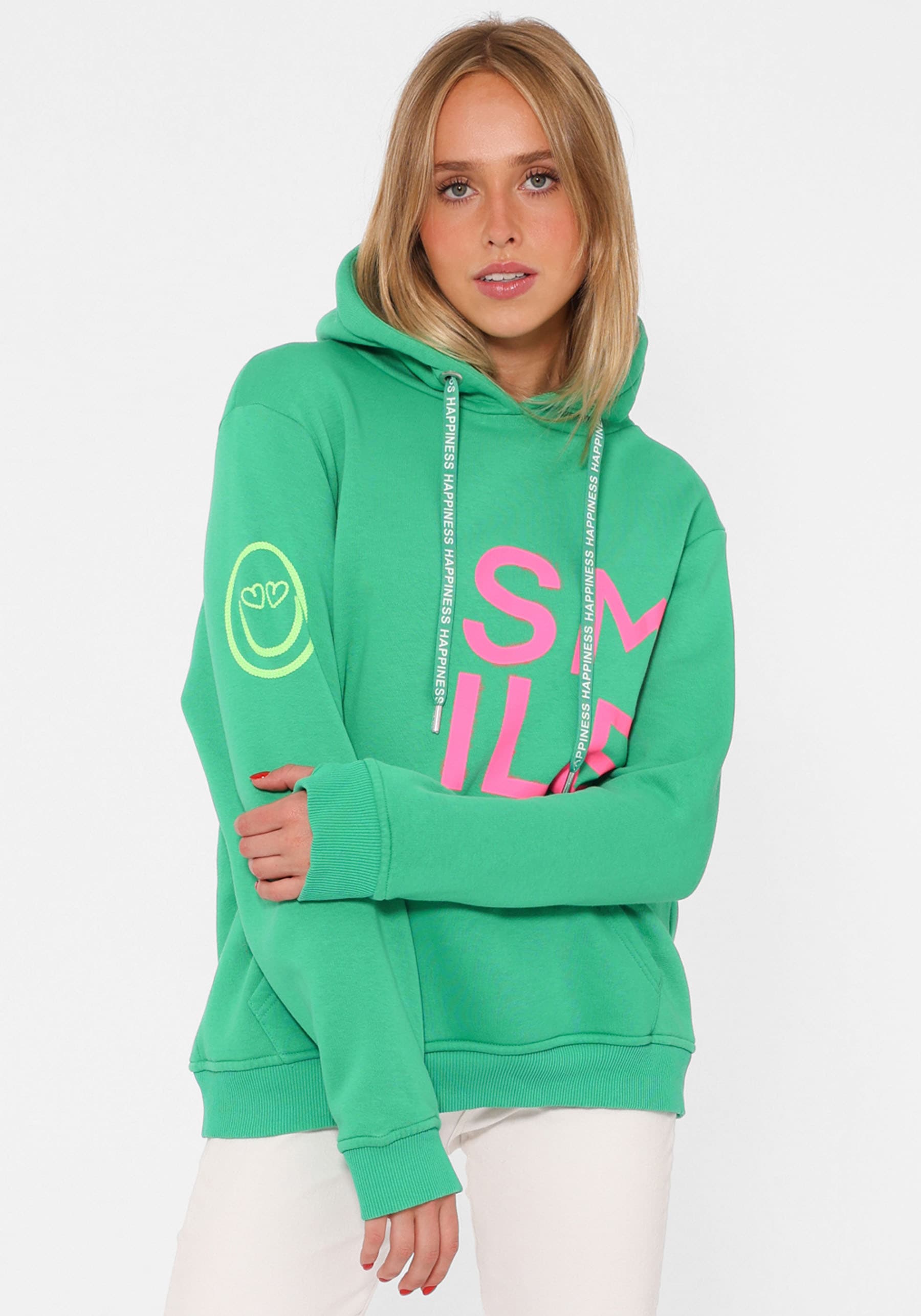 Kapuzensweatshirt, mit gesticktem Neon Smiley und Kordel mit Schriftzug