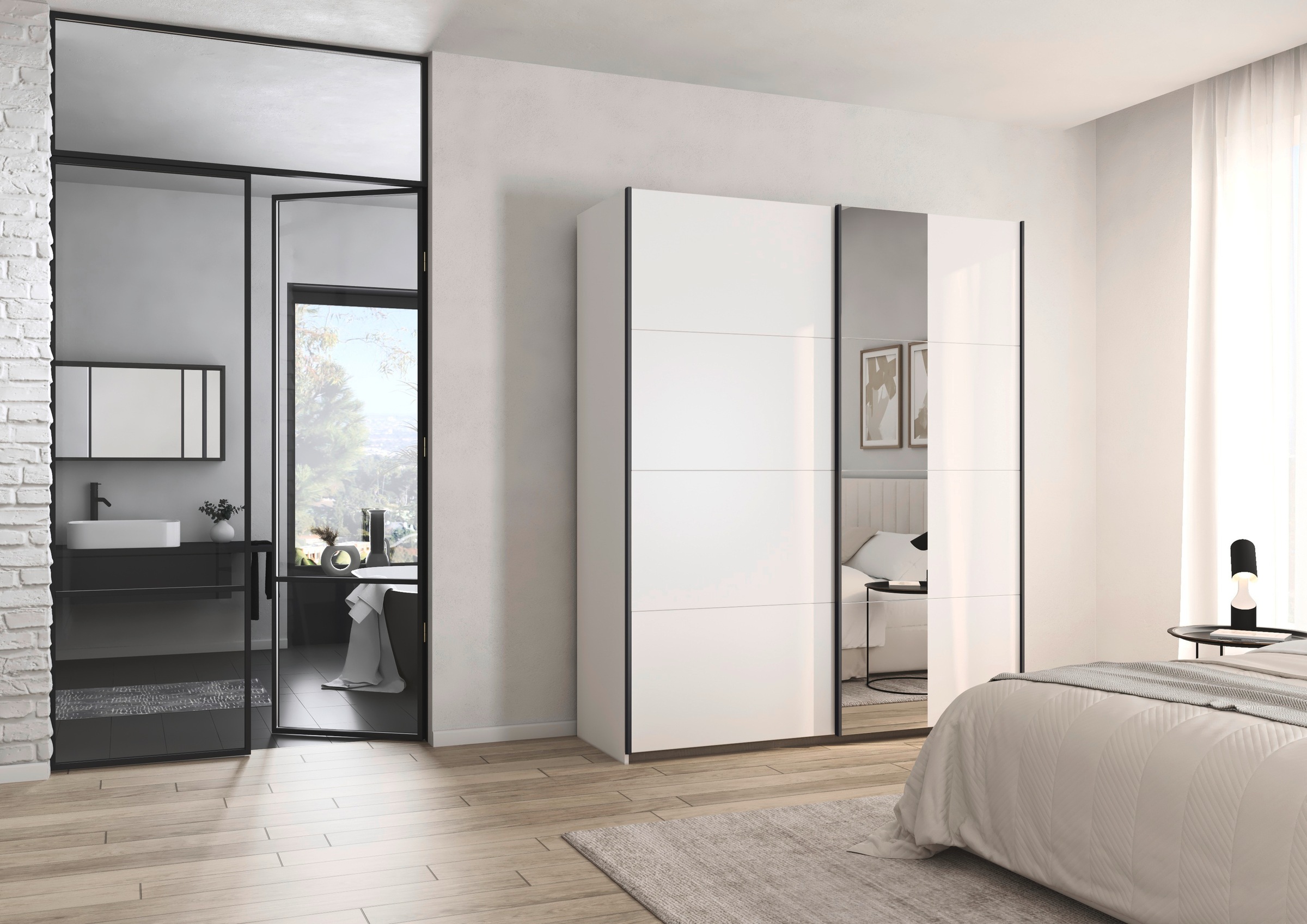 rauch Schwebetürenschrank »Kleiderschrank Schrank Garderobe Schlafzimmerschrank OXFORD«, (in 3 verschiedenen Ausstattungen BASIC/CLASSIC/PREMIUM), mit Griffleisten aus Metall, auch für kleinere Räume MADE IN GERMANY
