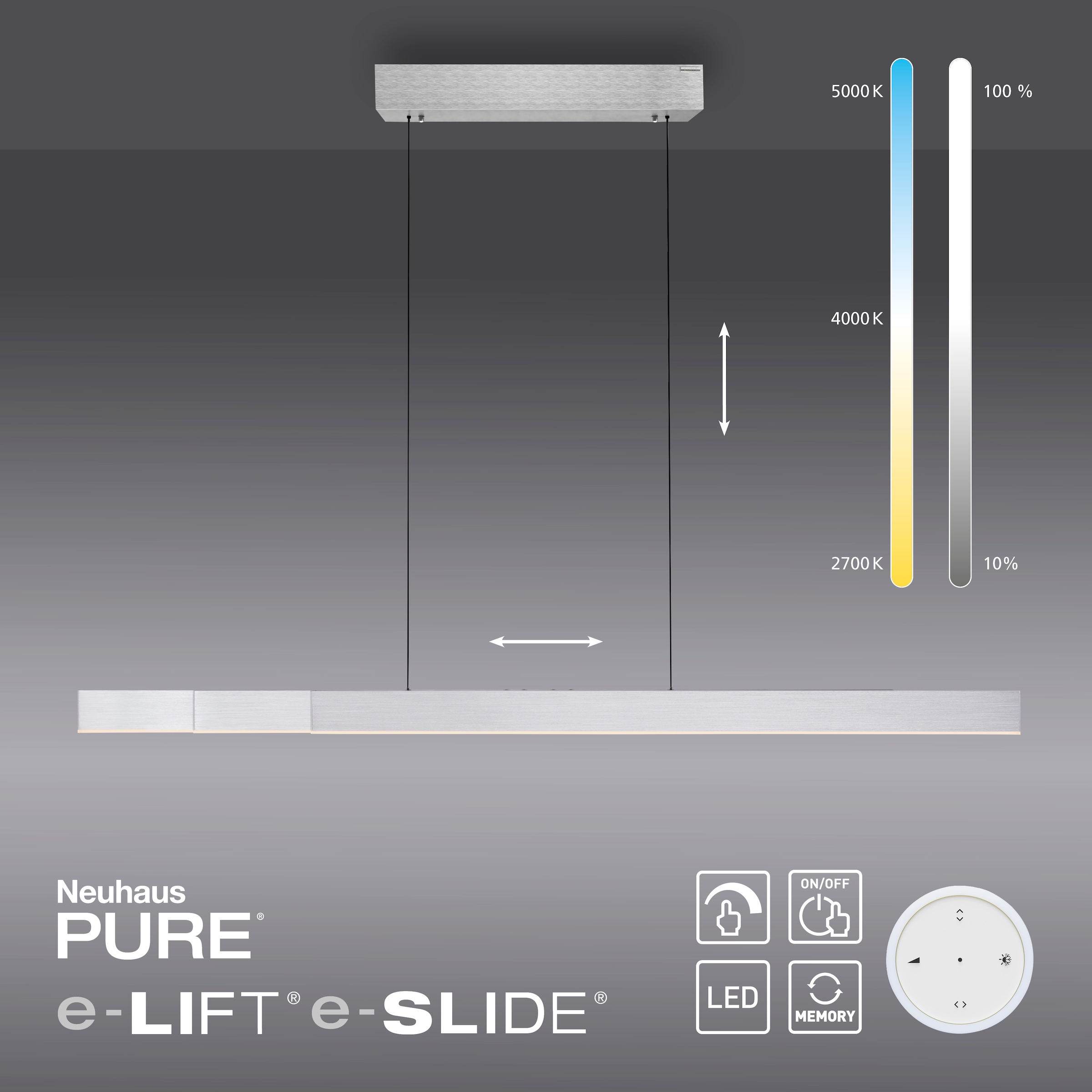 Neuhaus PURE LED Pendelleuchte »PURE Moto-Rise« LED-Board 1 Stk. warmweiß - kaltweiß e-LIFT® Funktion, e-SLIDE® Funktion, Fernbedienung
