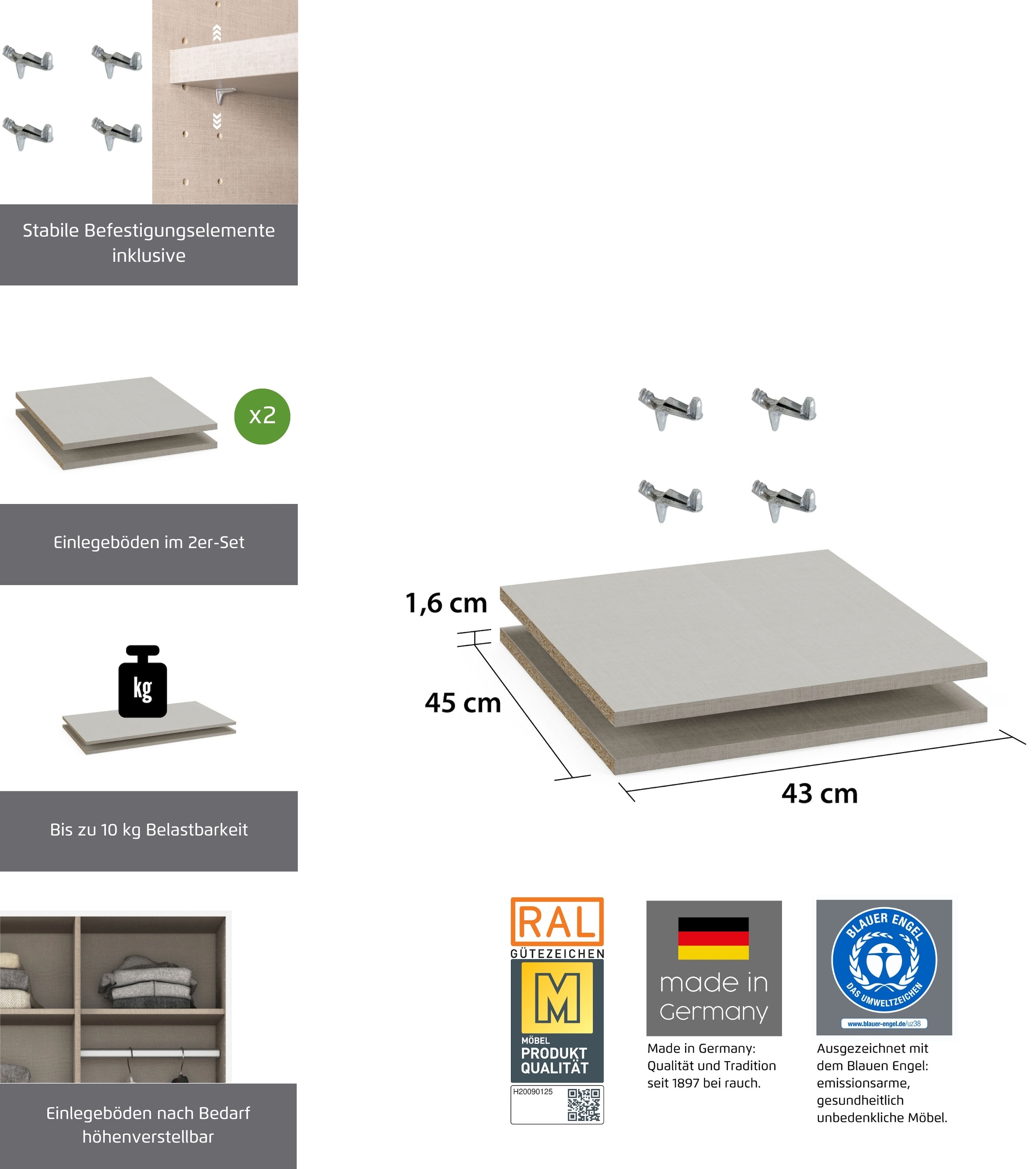 rauch Einlegeboden »Zubehör für Rauch-Drehtürenschränke ORANGE«, 2er-Set Breite 43 cm, Tiefe 45 cm