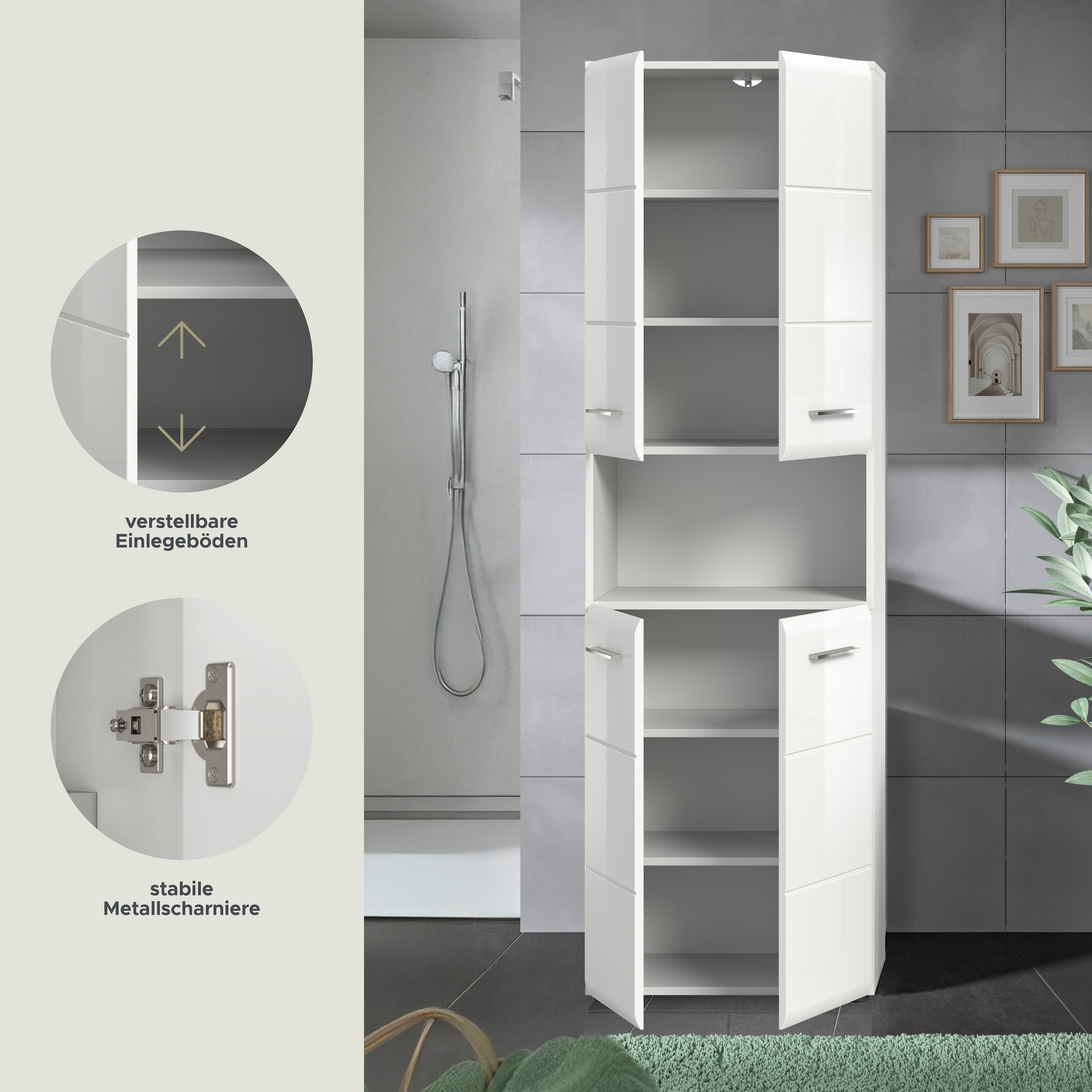 INOSIGN Hochschrank »FLORENZ, TOPSELLER!, Höhe 185 cm, 4 Türen, 4 Fachböden, 1 offenes Fach«, hochwertige MDF Front, Griff chromglänzend, Badschrank, Bad