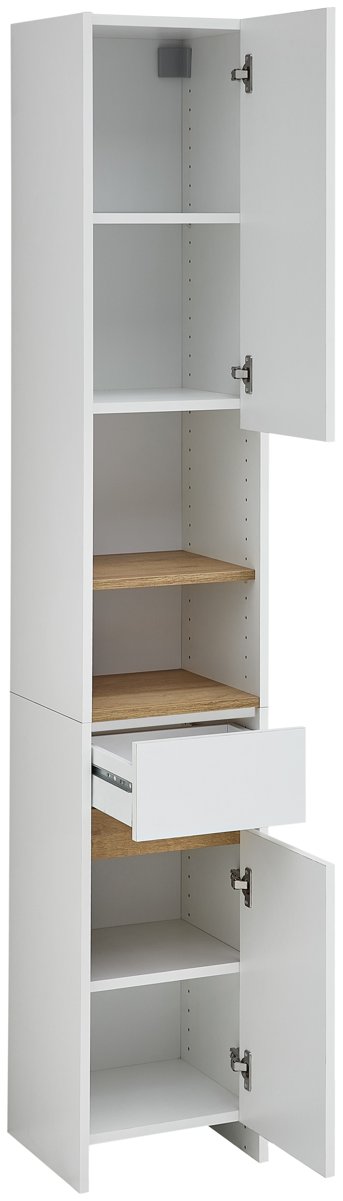 Saphir Hochschrank »Hochschrank Quickset 100, Badschrank 32,4 cm, 2 Türen und 1 Schublade«, 3 Einlegeböden, 2 offene Fächer, Badezimmer-Hochschrank, Akzentfuge