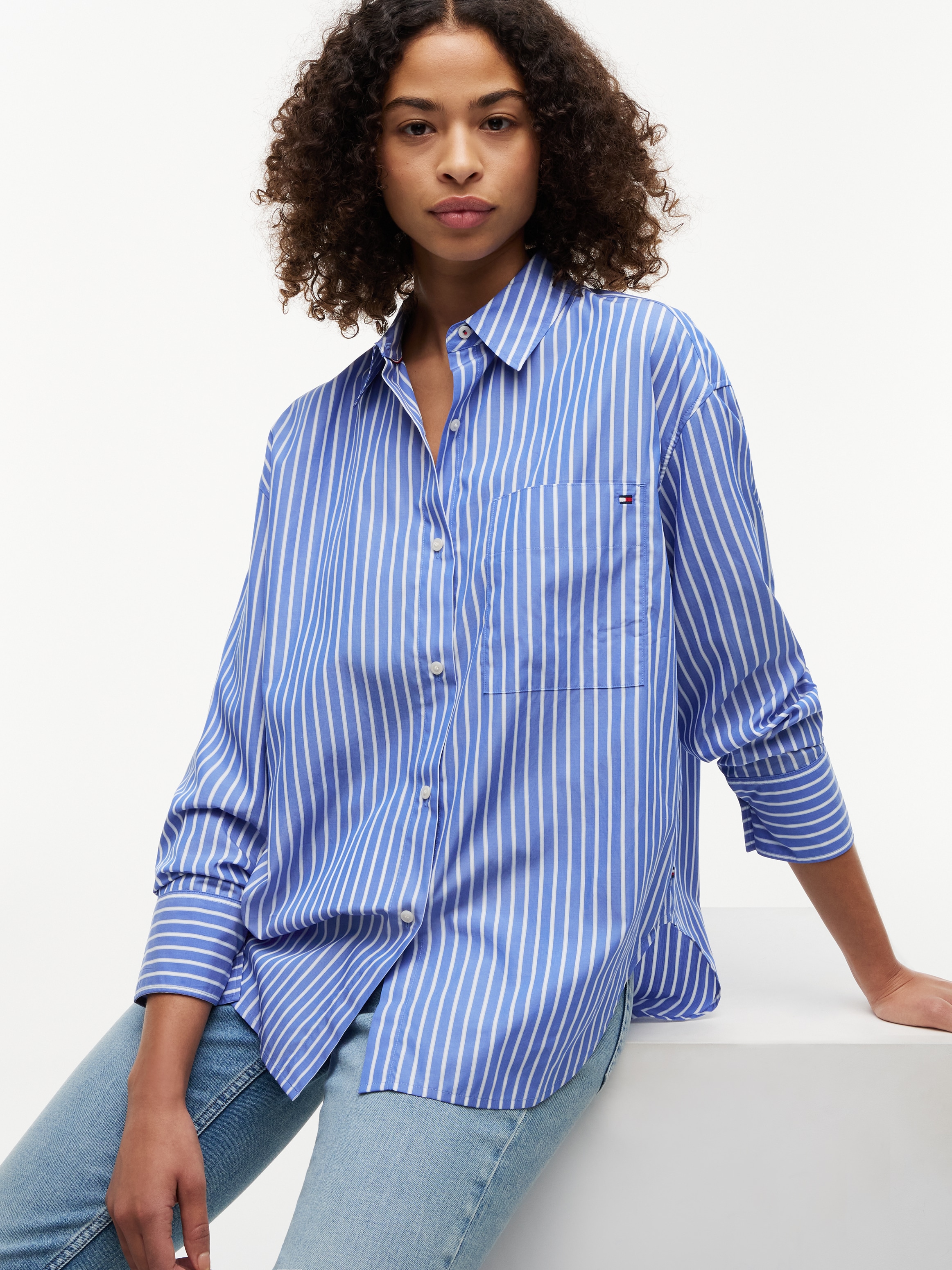 Tommy Hilfiger Hemdbluse »MODERN POPLIN BLUE STR SHIRT LS« Baumwolle, Brusttasche, regular fit