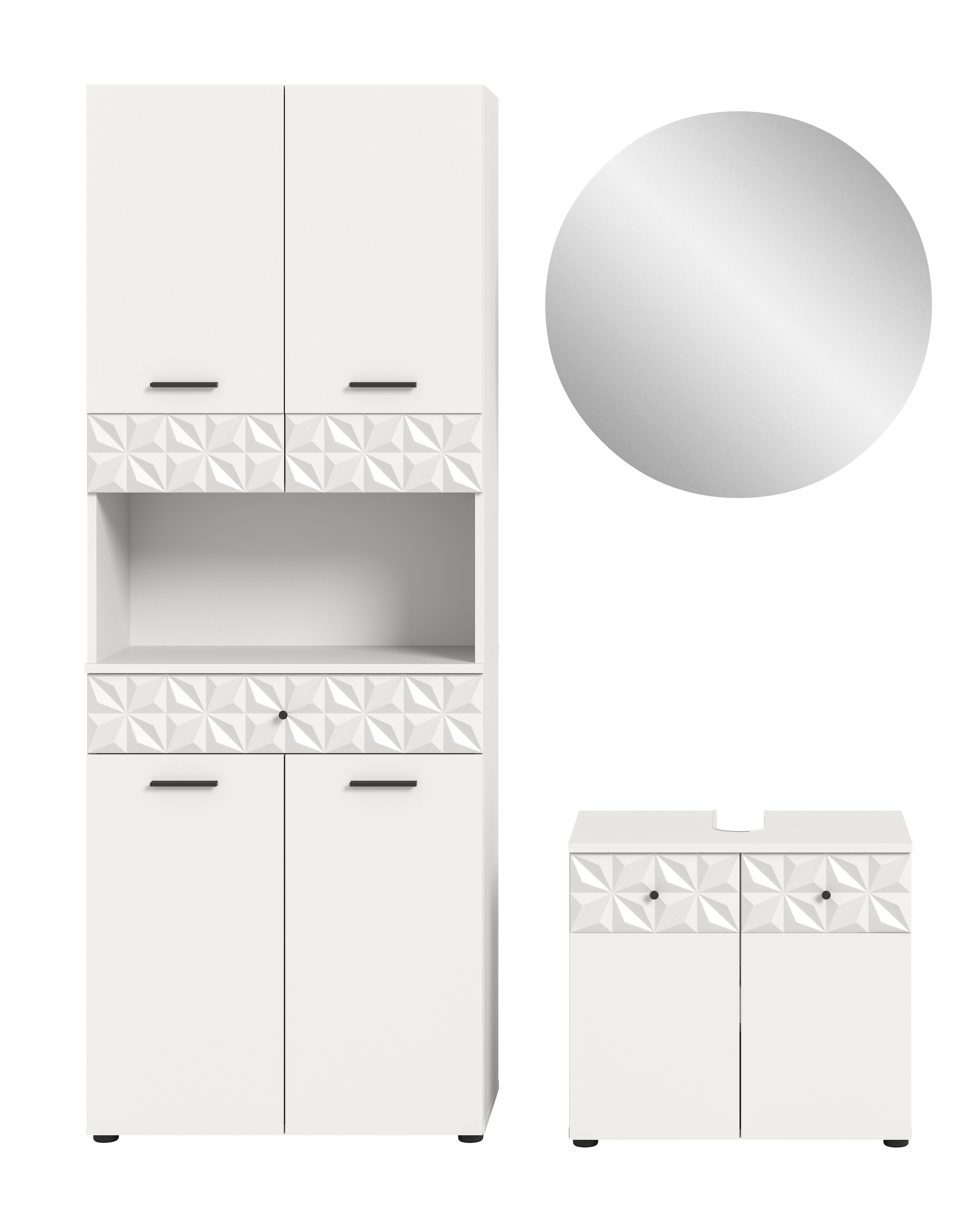 INOSIGN Badezimmer-Set »VICENZA, TOPSELLER!, Breite 145cm, 3-teilig, mit Ornamentabsetzung«, (best. aus: Hochschrank, Waschbeckenunterschrank und Spiegelschrank), Hochschrank, Waschbeckenunterschrank und Spiegelschrank