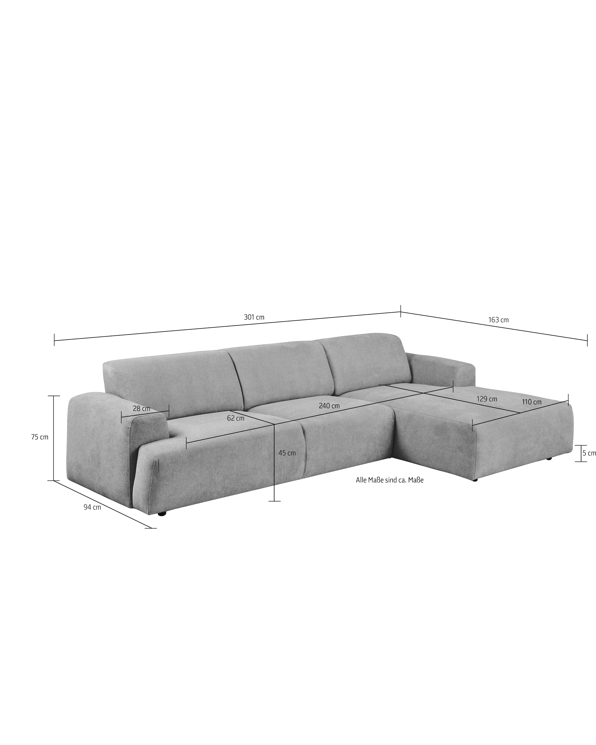 andas Ecksofa »Linkka, Breite 301 cm«, L-Form, in einem weichen Chenille-Stoff, mit Wellenunterfederung
