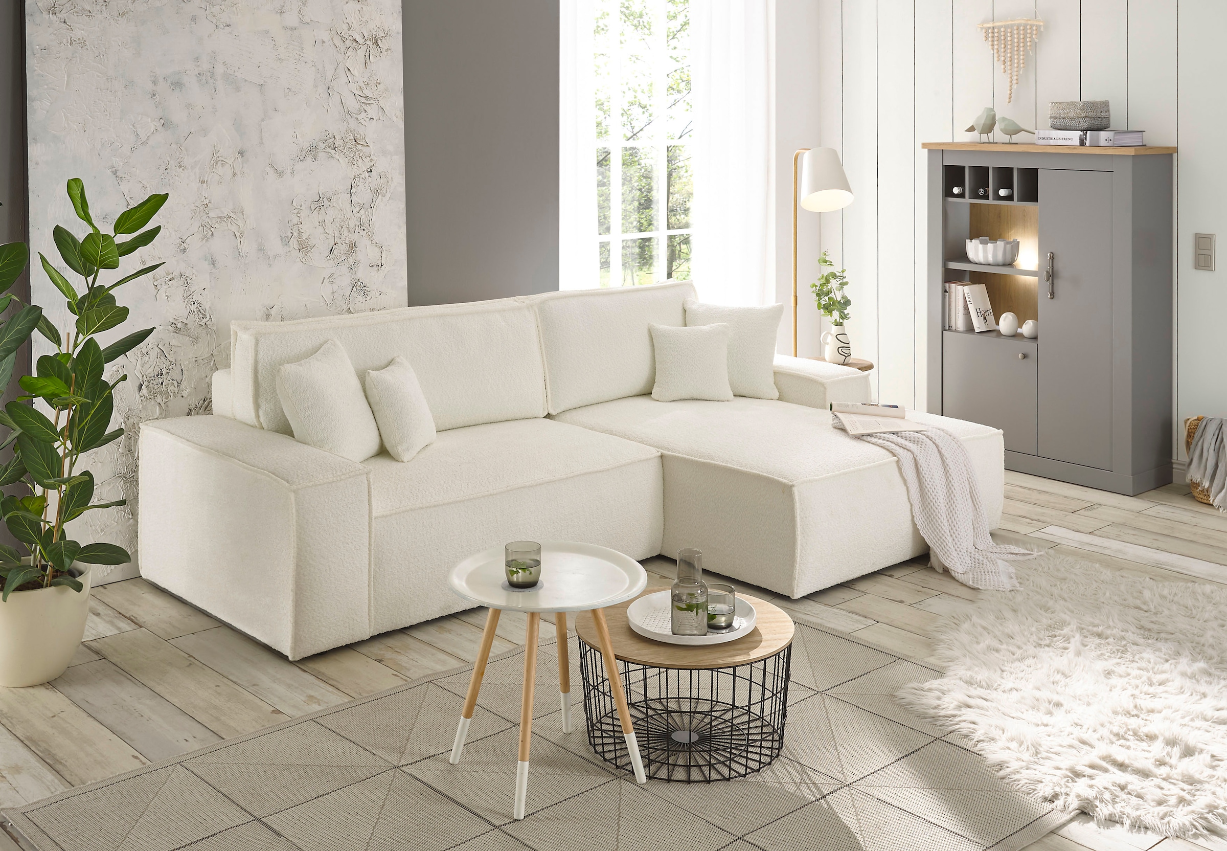 andas Ecksofa »Finnley Schlafsofa 267 cm in Bouclé u. Struktur fein, L-Form,«, Schlaffunktion m. Bettkasten (136/210 cm), Bouclé, Struktur