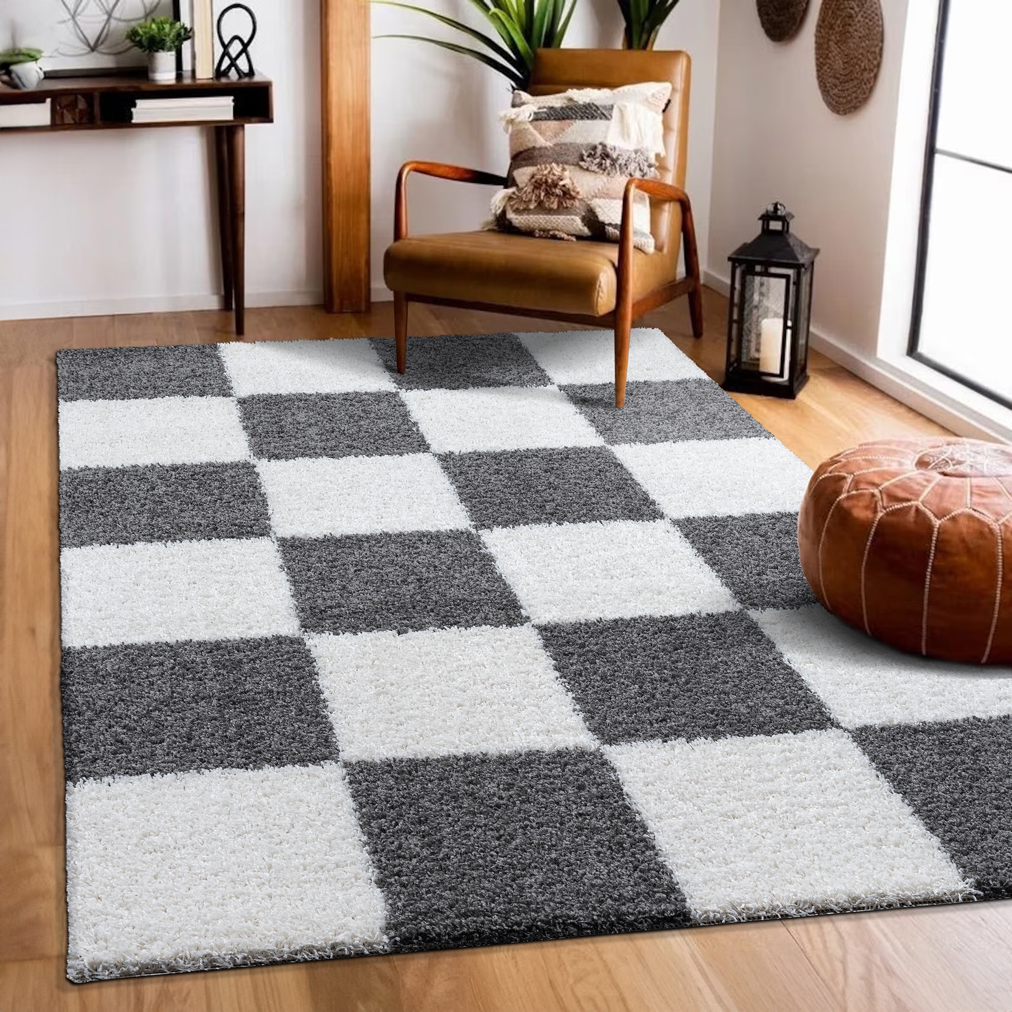 Sanat "Milano 1250, auch als Läufer und in Rund" rechteckig 30 mm Höhe Hochflor, Shaggy, Karo, Wohnzimmer, Schlafzimmer