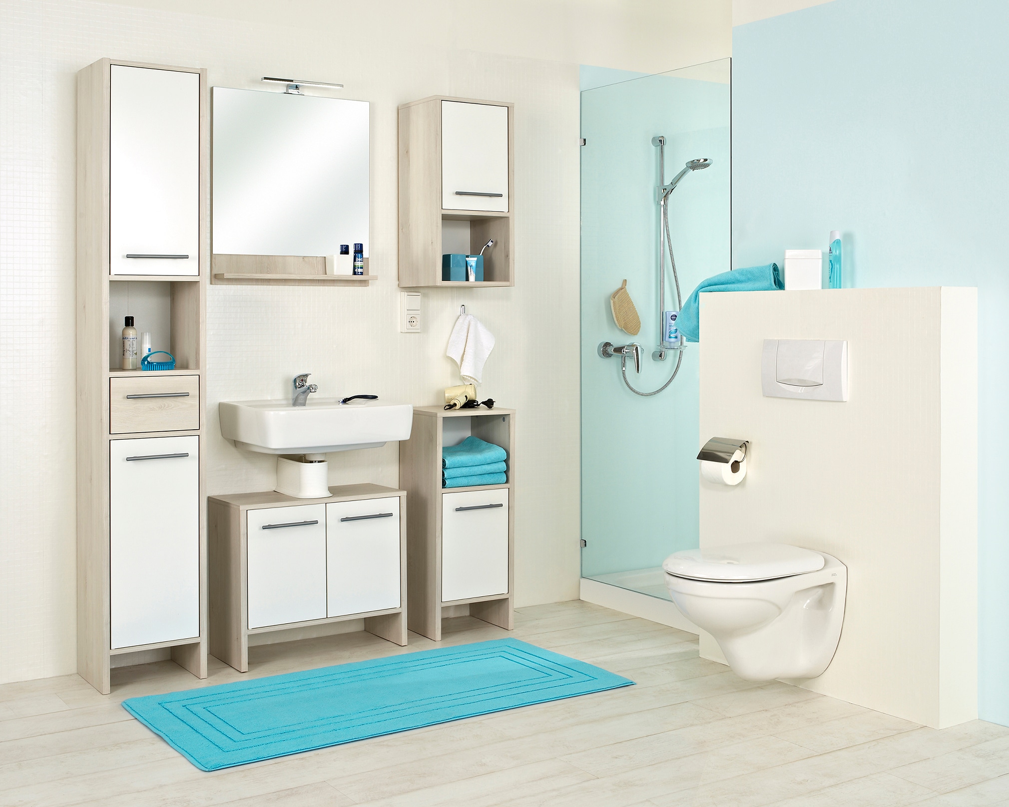 Saphir Hochschrank »Quickset 350 Badschrank 33 cm breit, 2 Türen, 1 Schublade, 1 Nische«, (1 St.), Badezimmer-Hochschrank, Pinie Ida hell, Griffe alufarbig