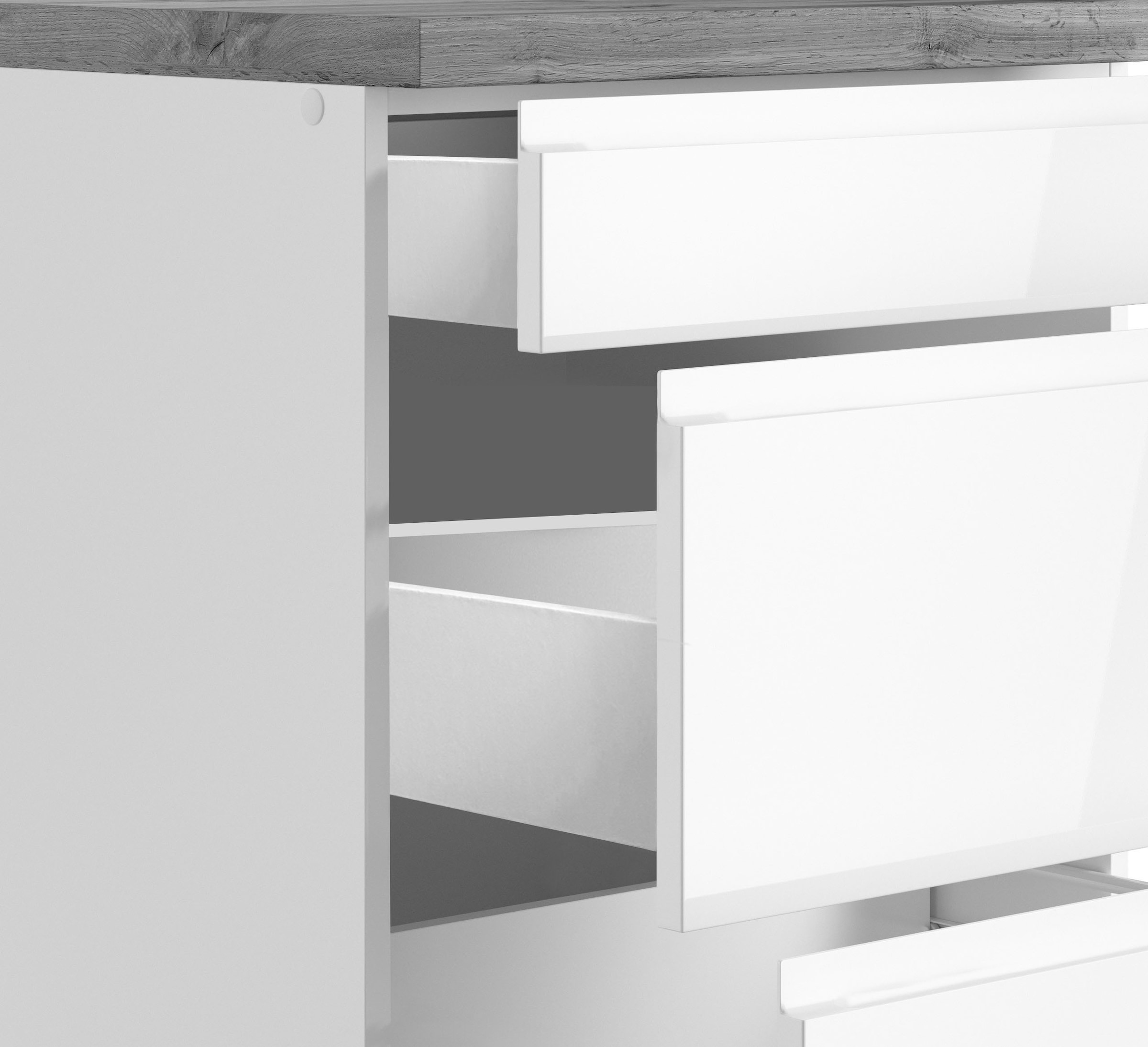KOCHSTATION Küchenzeile »KS-Virginia,neu in verbesserter Ausführung« Arbeitsplatte 38 mm stark, Stauraum, Softclose,  Breite 330 cm, Soft-Close, ohne E-Geräte