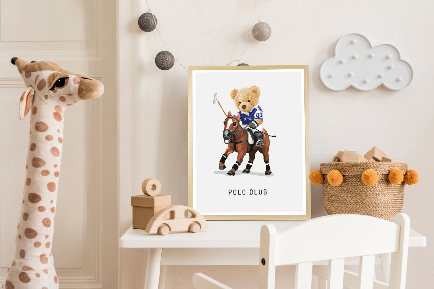 Bild mit Rahmen QUEENCE "Polo Club Teddy Bär auf Pferd", farbe rahmen: beige, farbe bild(er): braun, B:50cm H:70cm T:1,5cm, Acrylglas, Holzrahmen, Bilder, HD Premium Poster-Druck inkl. Echtholzrahmen in beige 3