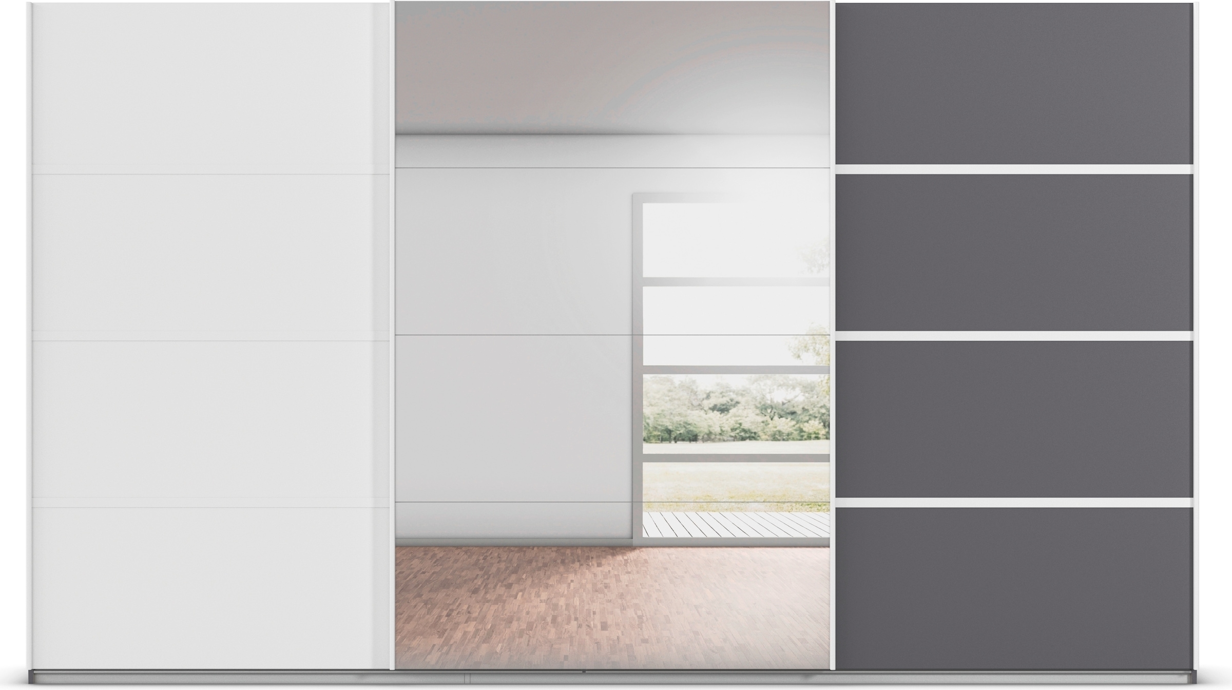 rauch Kleiderschrank »Schwebetürenschrank Garderobe Schrank TOP ANGEBOT Avola«, (in 3 verschiedenen Ausstattungen BASIC/CLASSIC/PREMIUM inkl. Spiegel), mit eleganten Zierleisten in Chrom, Schwarz oder Weiß MADE IN GERMANY